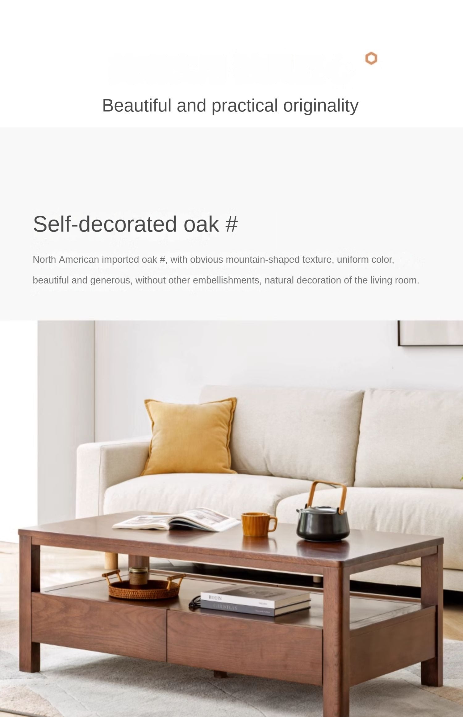 Solid Oak Wood Modern Minimalist Coffee Table - Scandinavian Style Living Room Furniture for Home Decor