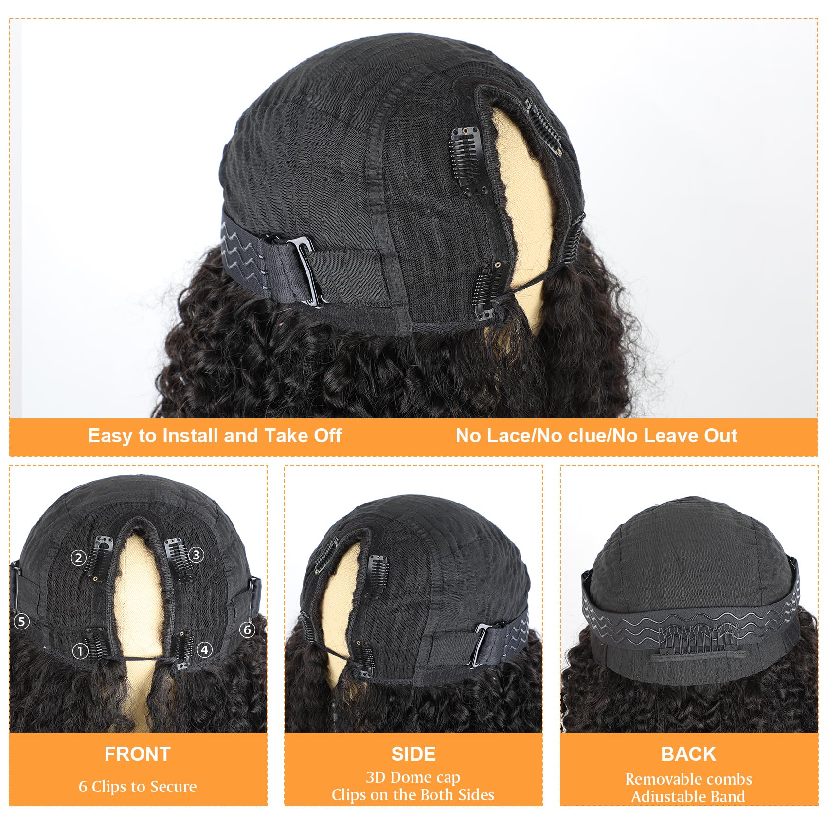 Domiso V Part Wig Human Hair - Glueless U Part Wig 180% Density Kinky Curly Wigs for Women | No Leave Out, No Glue, Beginner Friendly | 9A Brazilian Virgin Hair Natural Color 20 Inch | Perfect for Daily Wear, Parties & Special Occasions