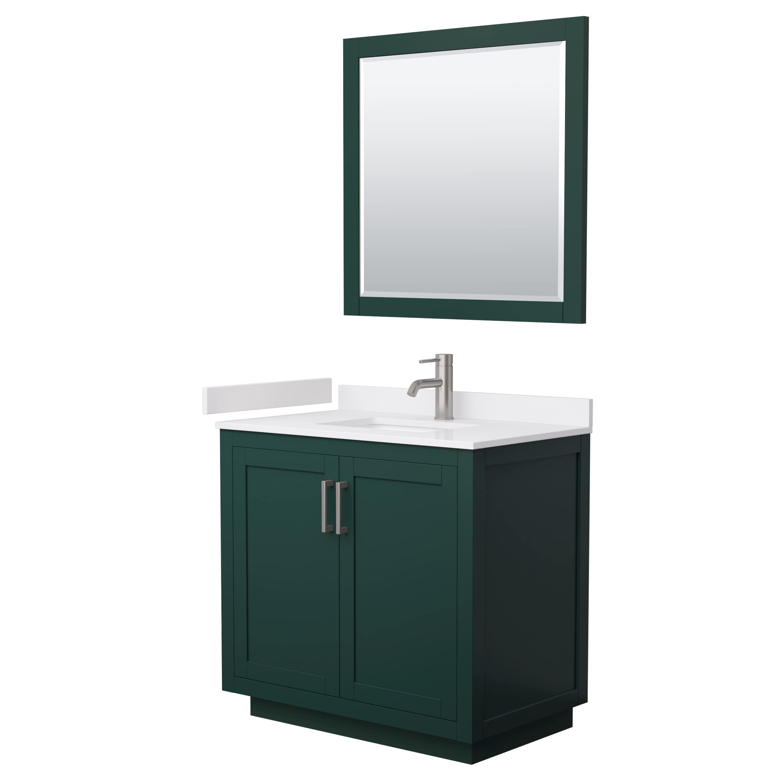Wyndham Collection Miranda 36 Inch Single Bathroom Vanity with White Cultured Marble Countertop - Green Finish, Undermount Square Sink & Brushed Nickel Trim, Includes 34 Inch Mirror | Perfect for Modern Bathroom Renovation & Small Space Solutions