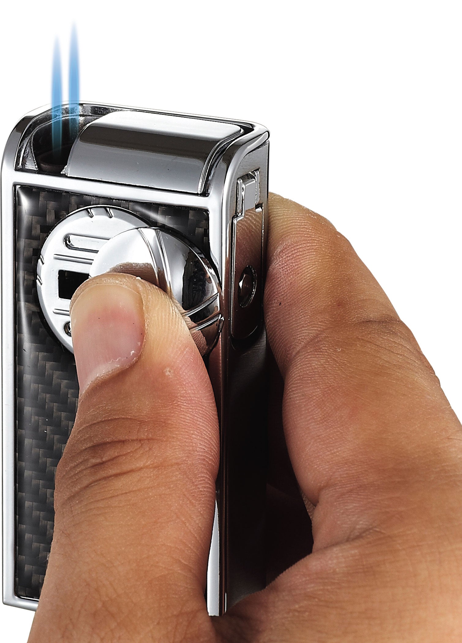Premium Black & Silver Carbon Fiber Double Torch Lighter - Windproof Refillable Butane Lighter for Cigars, Candles, Camping & Outdoor Adventures (Gift Box Included)