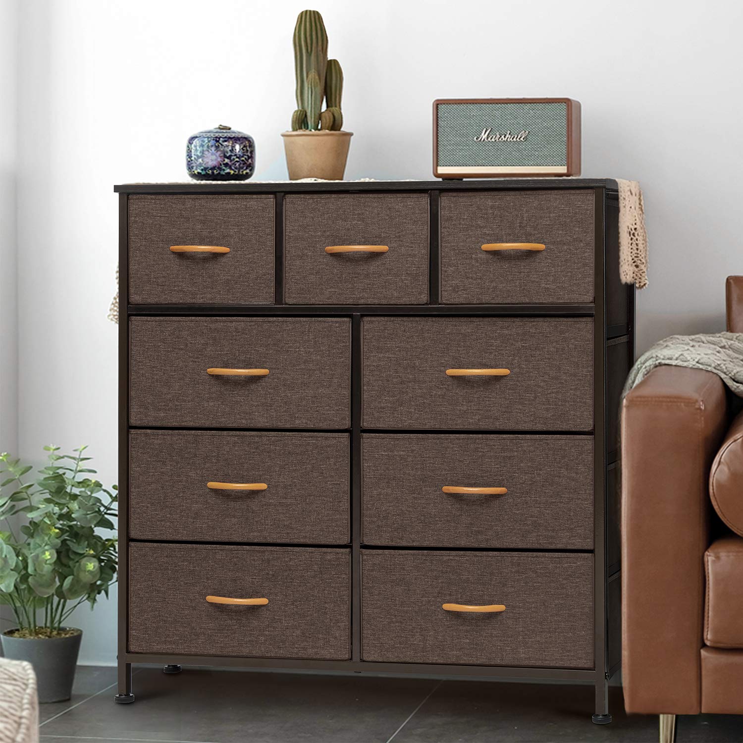 VredHom 9-Drawer Wide Fabric Dresser with Steel Frame & Wooden Top - Sturdy Clothes Storage Organizer for Nursery, Bedroom, Hallway, Entryway & Office (Brown) - Perfect for Home Organization & Space Saving