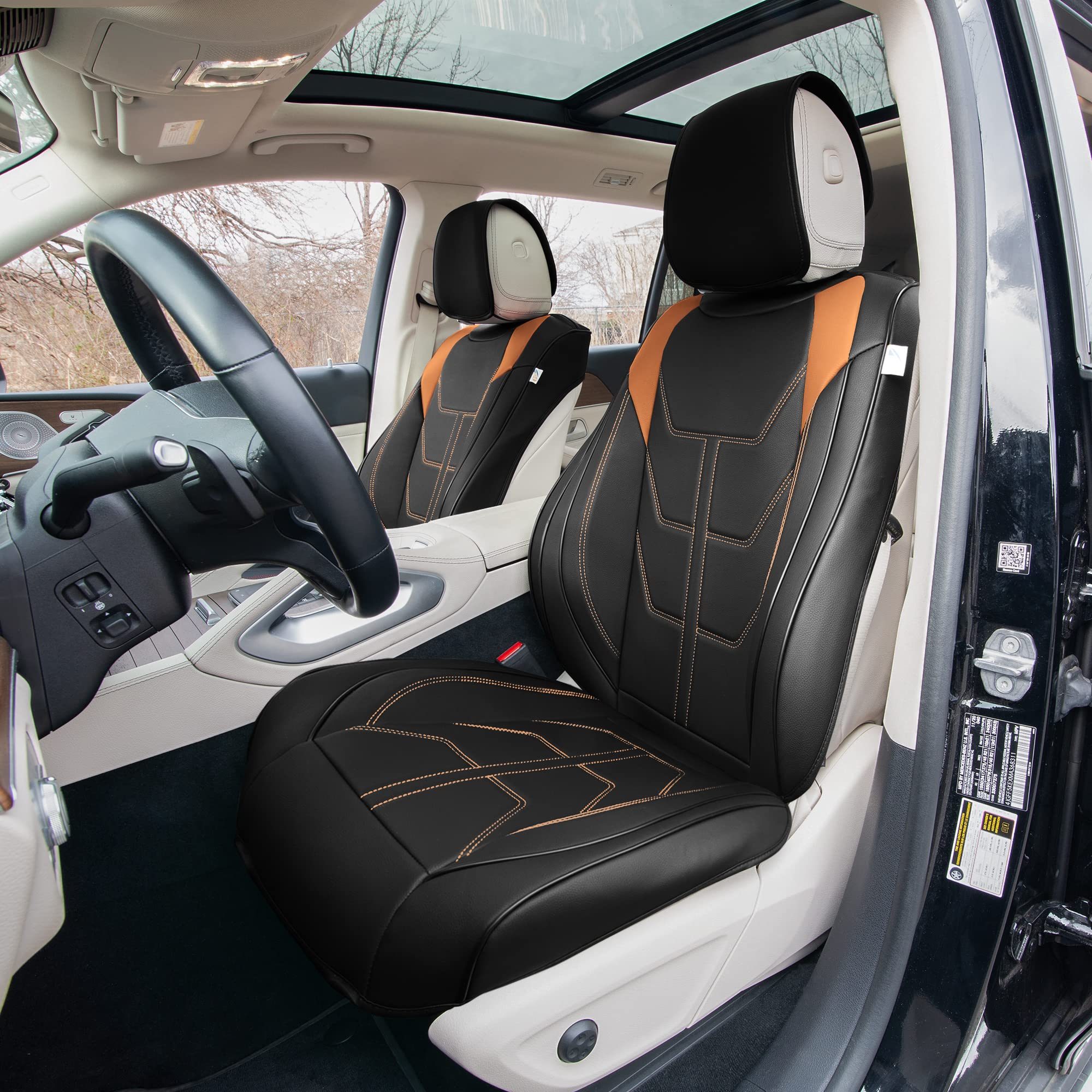 TLH Bionic70 Deluxe Faux Leather Brown Car Seat Covers - 2-Pack Universal Fit Front Seat Covers for Cars, Trucks & SUVs | Waterproof, Durable & Comfortable Seat Protectors with Contrast Stitching | Perfect for Daily Commute, Road Trips & Pet Protection