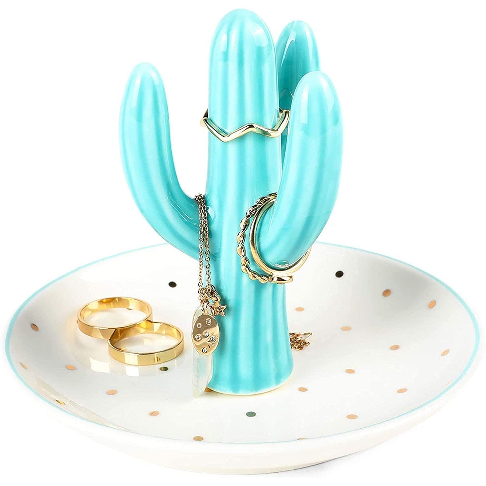 Okuna Outpost Cactus Ring Holder & Jewelry Organizer Dish - Western Home Decor, Modern Cactus Decor for Bedroom, Bathroom, or Dresser (Teal/White with Gold Foil Polka Dots, 5x4 inches) - Perfect for Organizing Rings, Earrings, and Small Jewelry