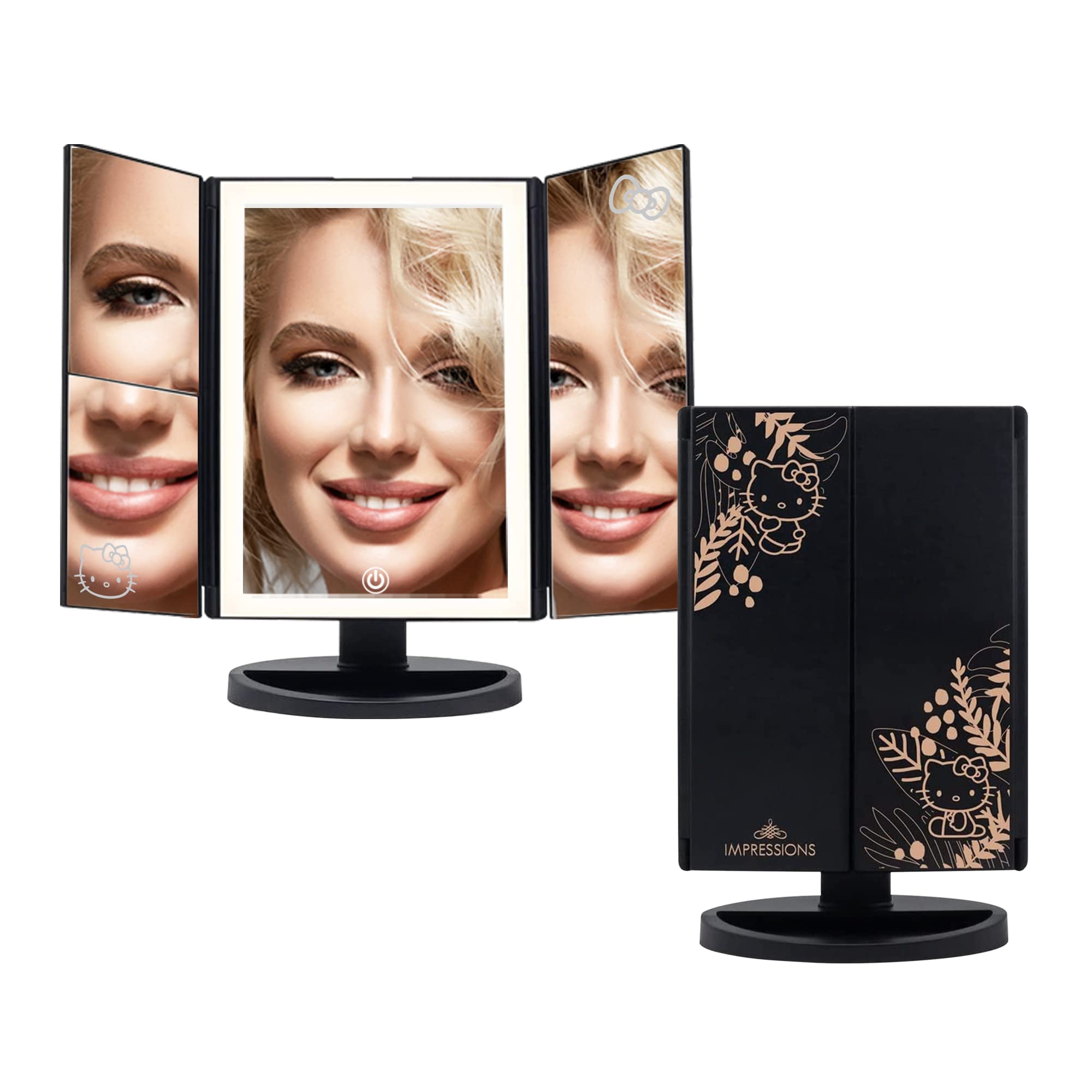 Hello Kitty LED Vanity Mirror with Lights - Touch Sensor Trifold Makeup Mirror with 3 Adjustable Panels & Magnifying Mirror, Portable Handheld Design (Black) | Perfect for Bedroom, Bathroom & Travel Makeup Application
