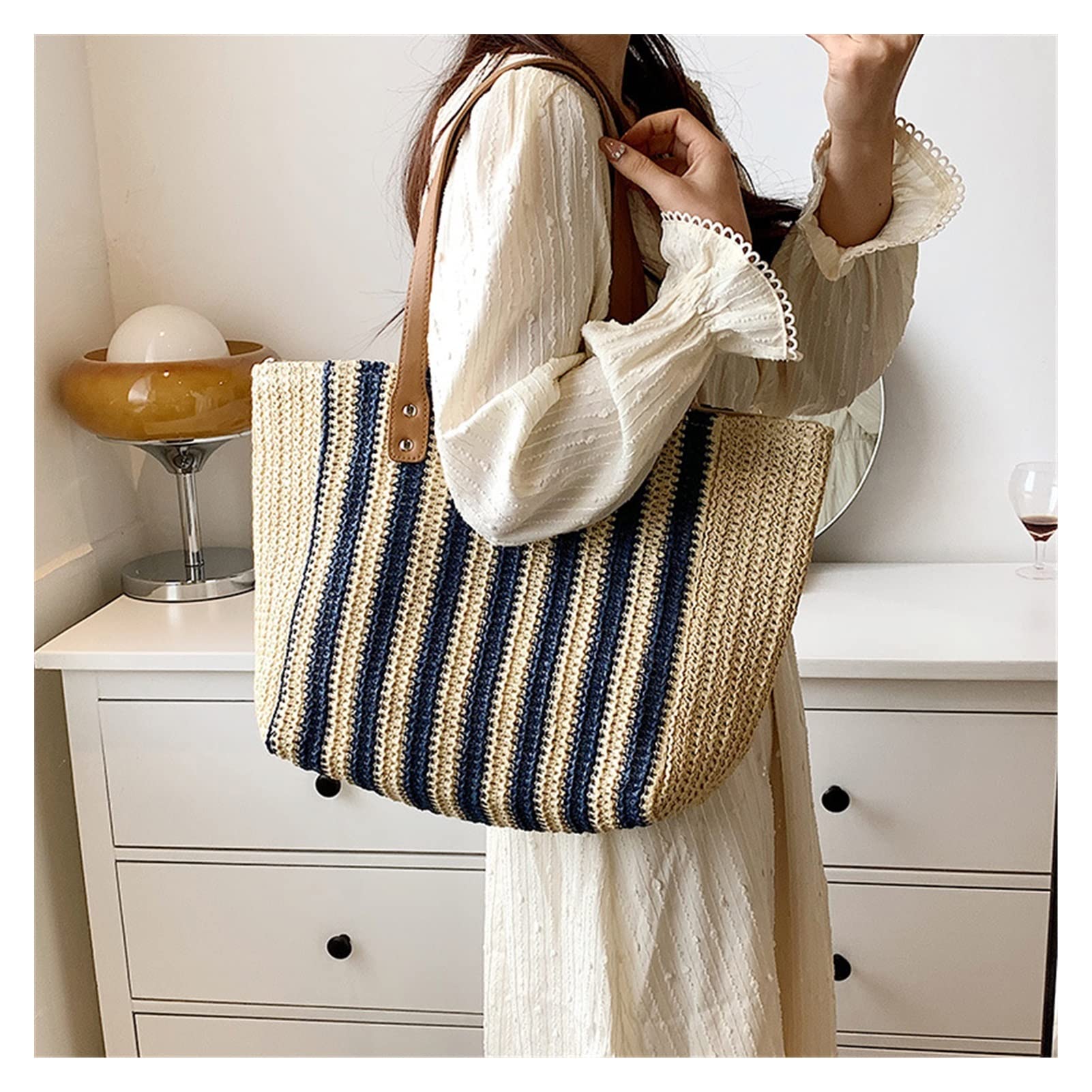 Women's Summer Striped Straw Beach Bag - Large Woven Rattan Tote for Travel & Shopping