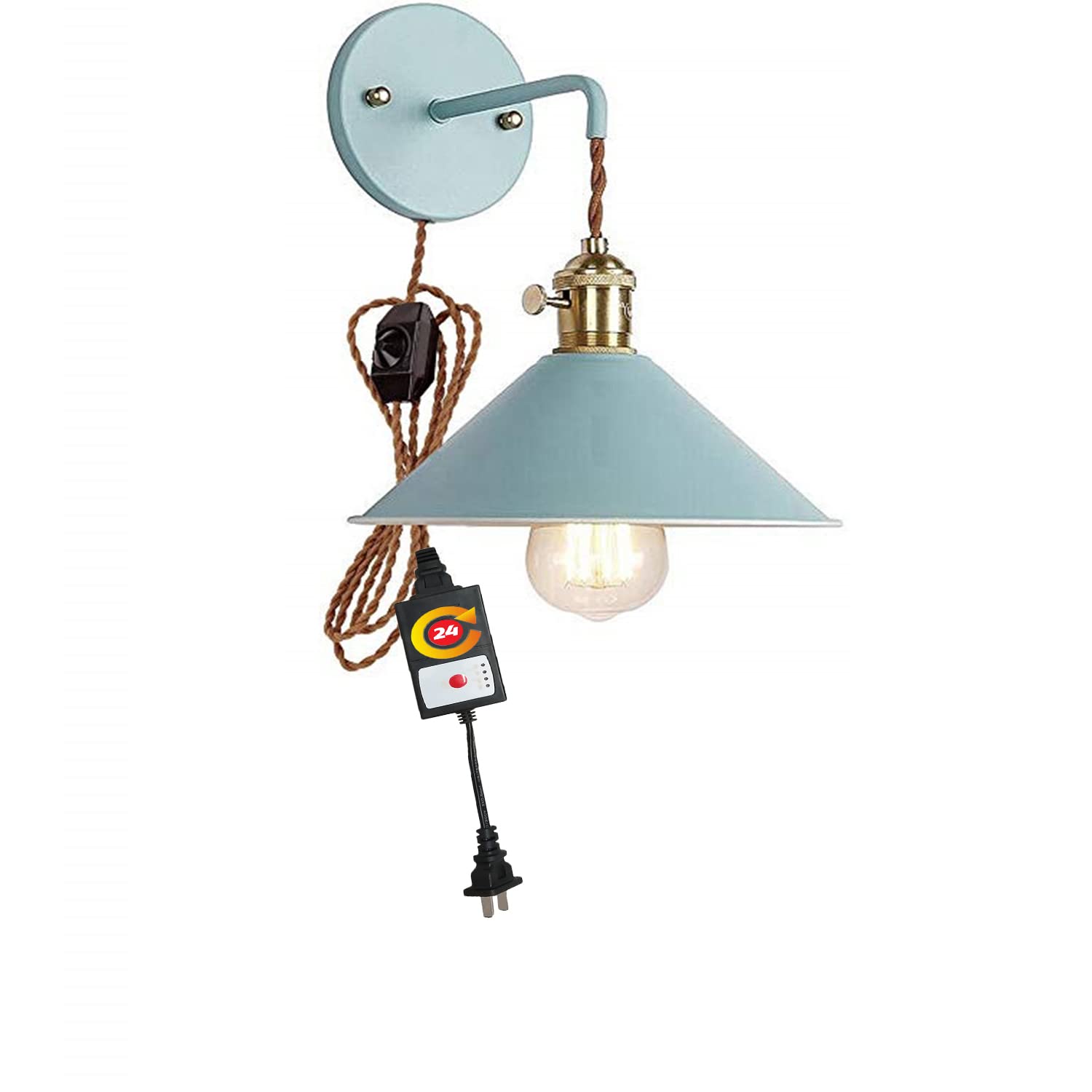 Dimmable Plug-in Wall Sconce with Timer - Blue Macaron Lighting Fixture, Matte Paint Body & Copper Holder for Bedroom, Bathroom Vanity, or Hallway Lighting