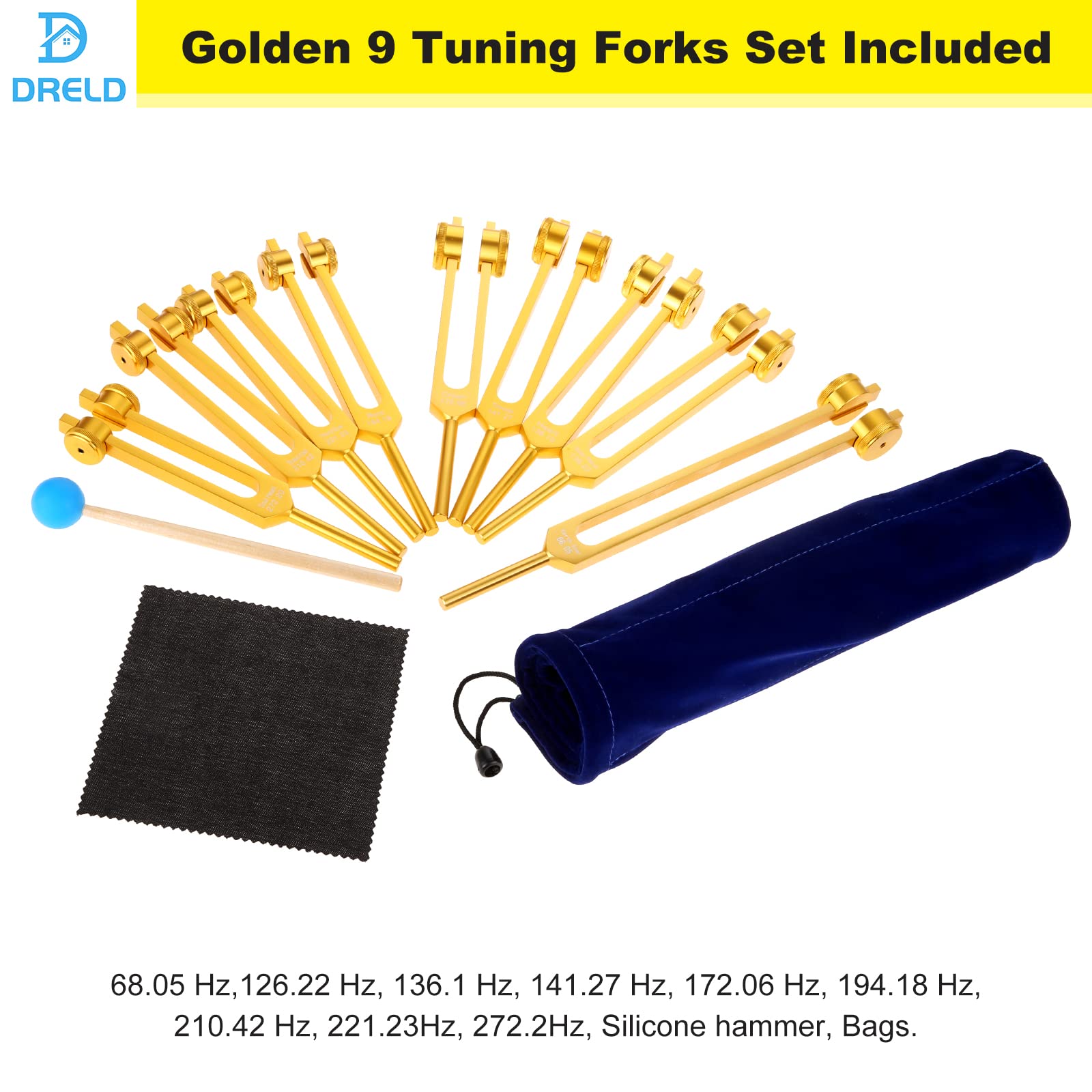 9 Gold Weighted Chakra Tuning Fork Set - 8 Chakra & 1 Soul Purpose Forks with Hammer & Storage Bag | Sound Healing, Meditation & Energy Balancing Tool for Holistic Wellness