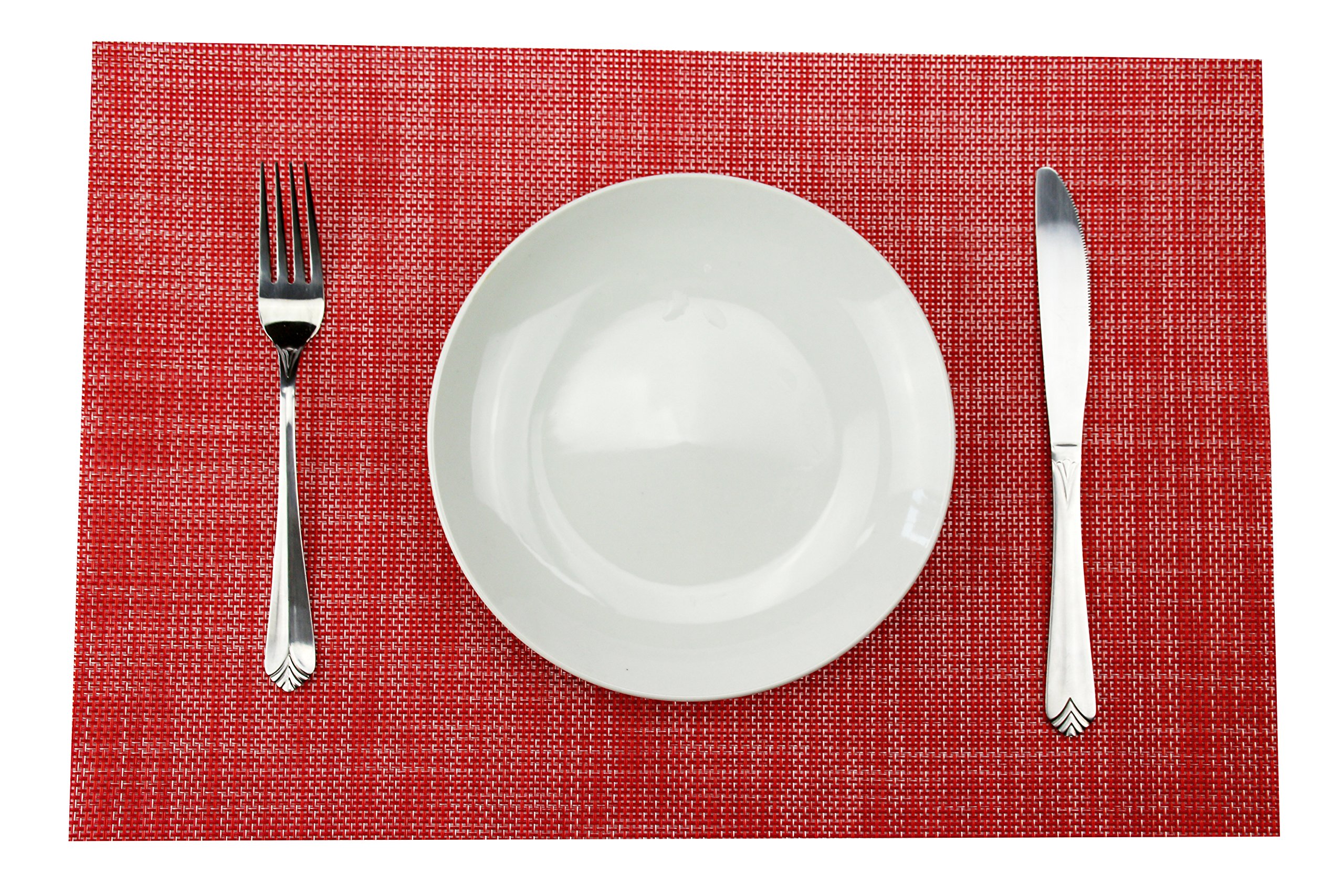 GEFEII Non-Slip Heat-Resistant PVC Woven Vinyl Placemats Set of 6 - Washable, Stain-Resistant Dining Table Mats for Kitchen & Home Decor (Red) | Perfect for Everyday Meals, Dinner Parties & Holiday Gatherings