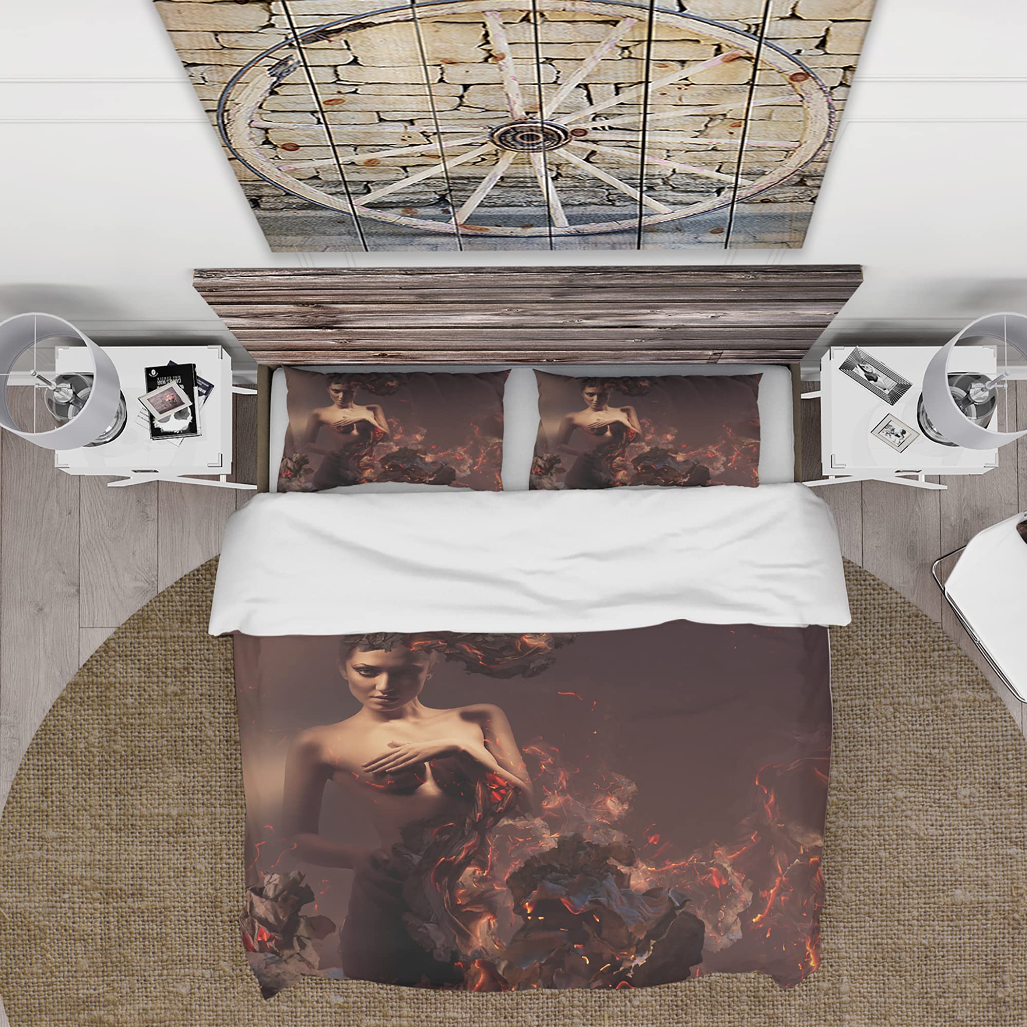 DesignQ Modern & Contemporary Brown Duvet Cover Set Queen - 3 Piece Romantic Bedding with Nude Woman in Burning Ashes Art - All Season Comfort for Master Bedroom & Guest Room