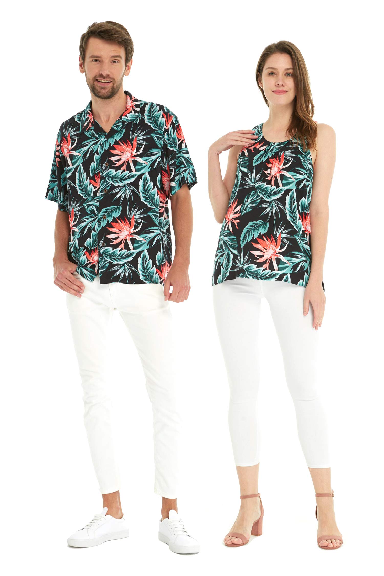 Stylish Matching Couple Hawaiian Luau Shirts & Tank Tops - Blooming Lily Print for Beach Vacations and Summer Parties
