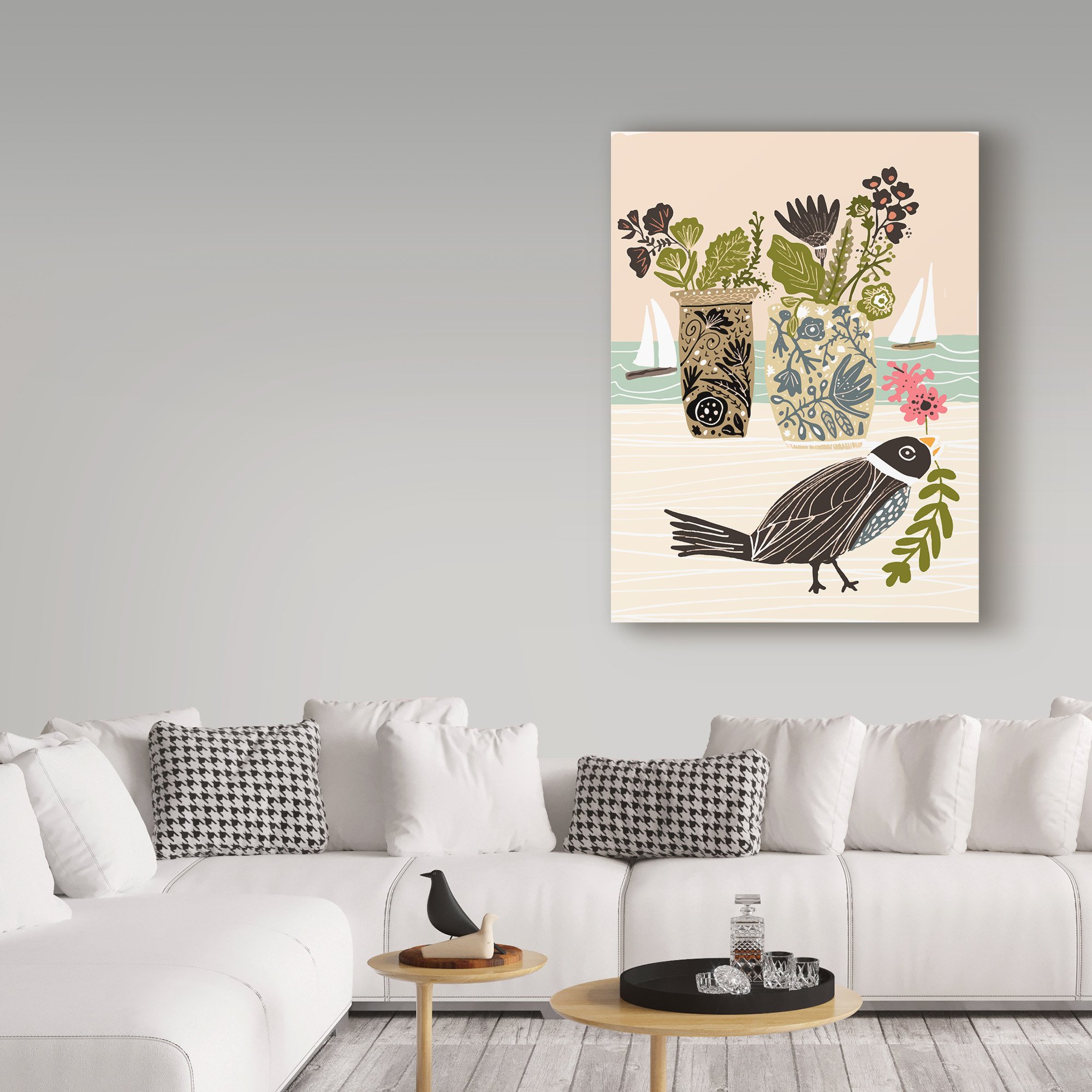 Karen Fields Bird With Vases Wall Art - 18x24 Inch Canvas Print - Home Decor for Living Room, Bedroom & Office