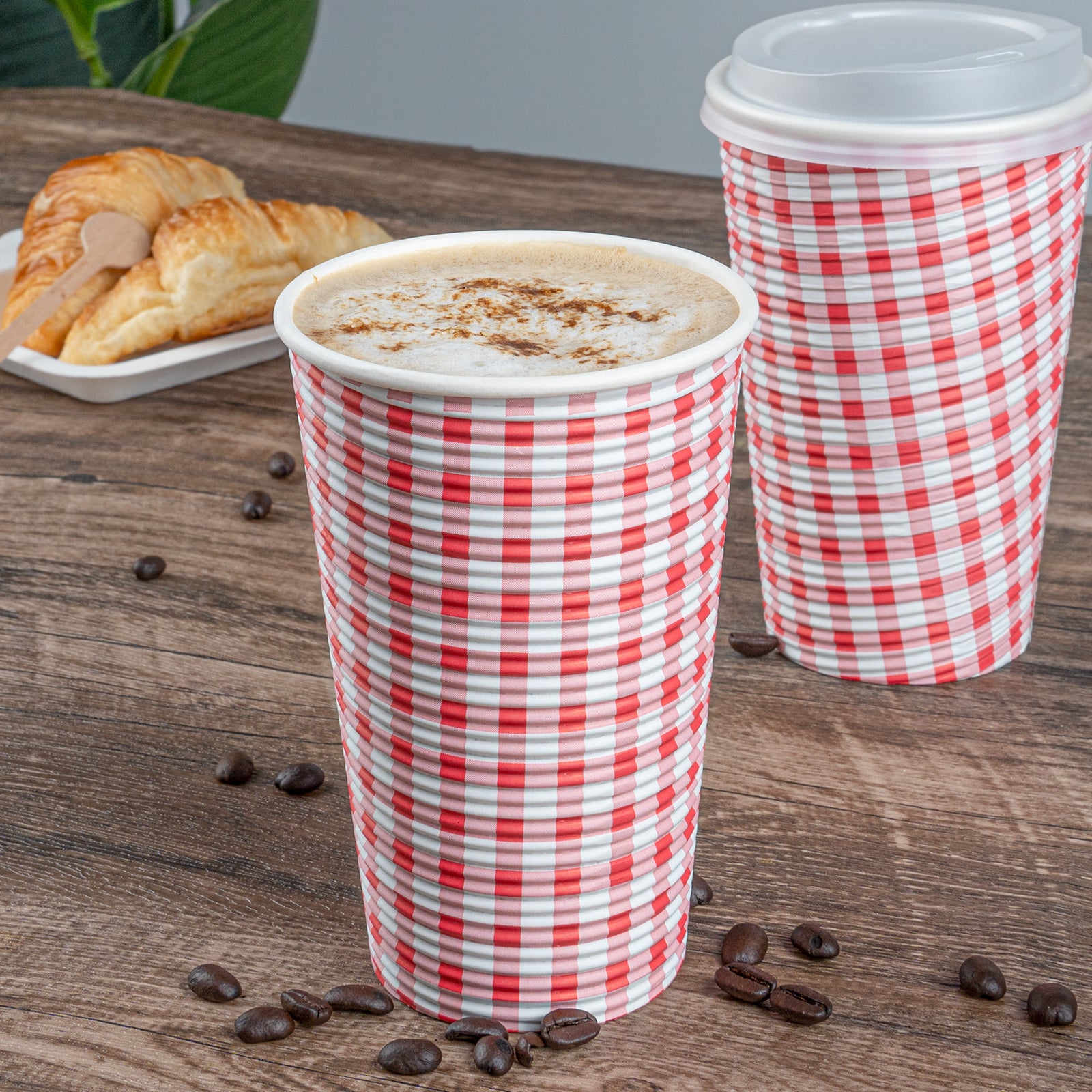 16 oz Disposable Paper Coffee Cups with Picnic Print - Spiral Wall Design - 3.5