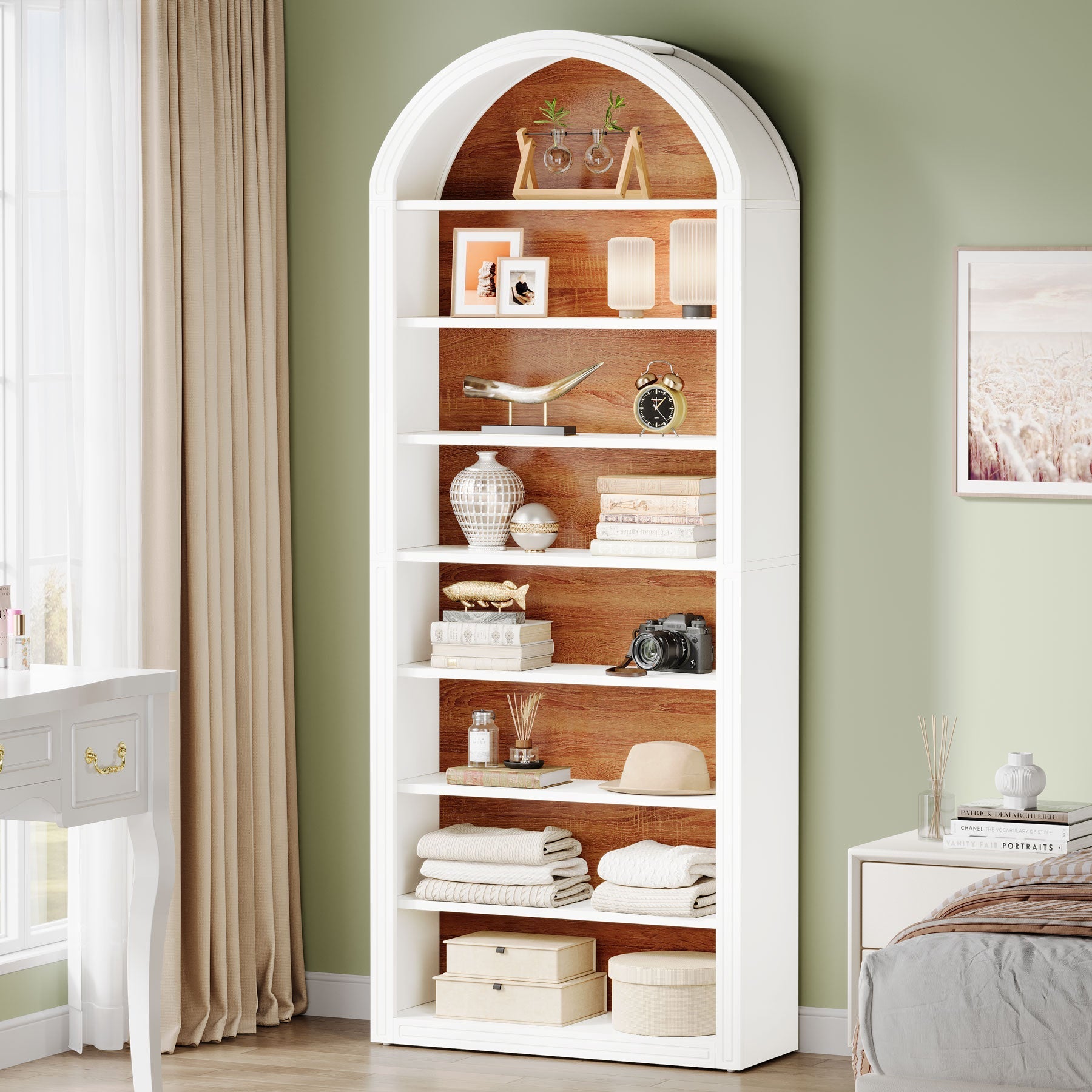 6/8 Tier Tall Wooden Bookshelf - Arched Bookcase Display Shelving Unit for Living Room, Office & Bedroom Storage & Organization