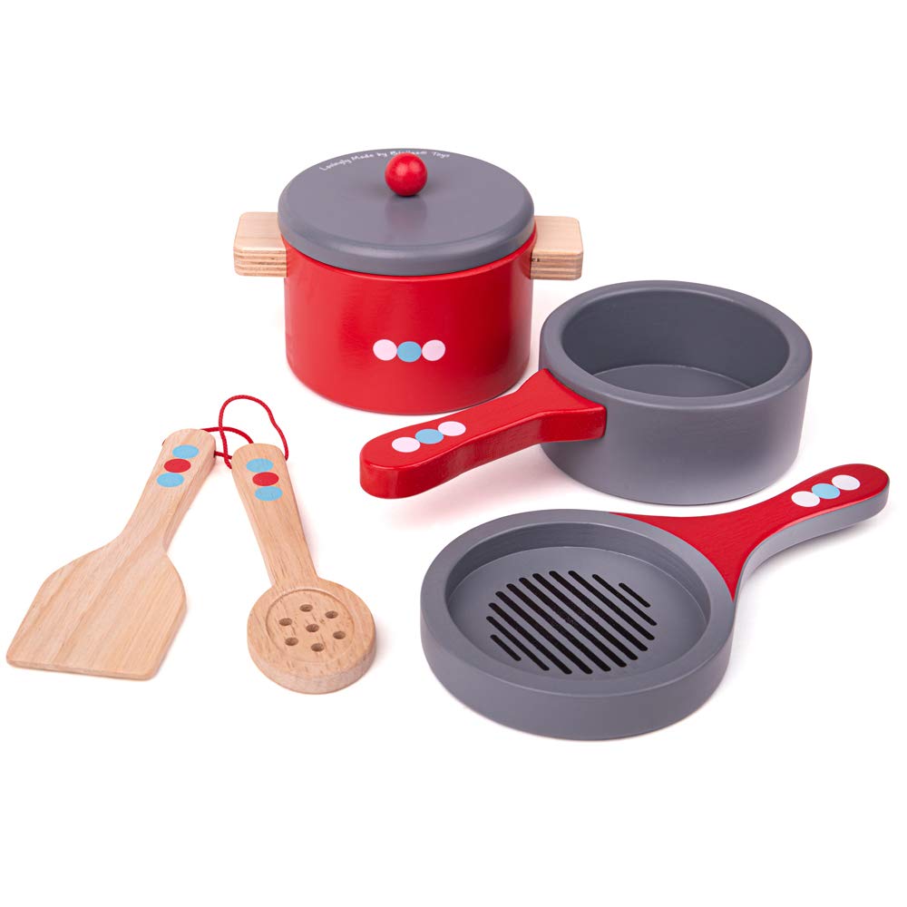 Bigjigs Toys Wooden Cooking Pans Set with Wooden Spoon & Spatula - Pretend Play Kitchen Toys for Kids, Toddlers & Preschoolers - Perfect for Role Play, Learning & Imaginative Play in Playroom or Daycare
