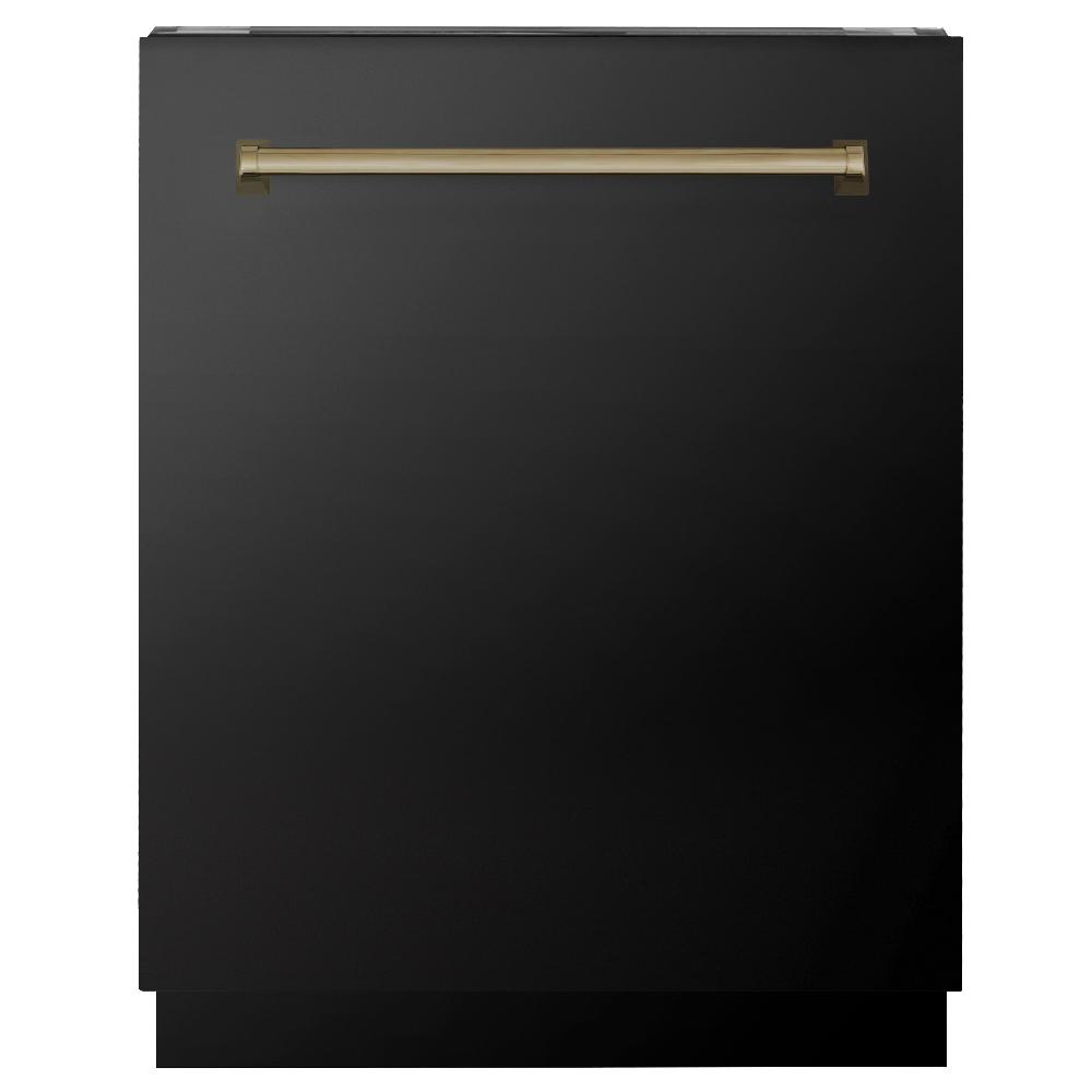 ZLINE Autograph Edition 24 Inch Black Stainless Steel Dishwasher with Champagne Bronze Handle - 3rd Rack & Top Control Panel - Ultra Quiet 51dBa - Perfect for Modern Kitchens & Open Concept Homes (Model DWVZ BS 24 CB)