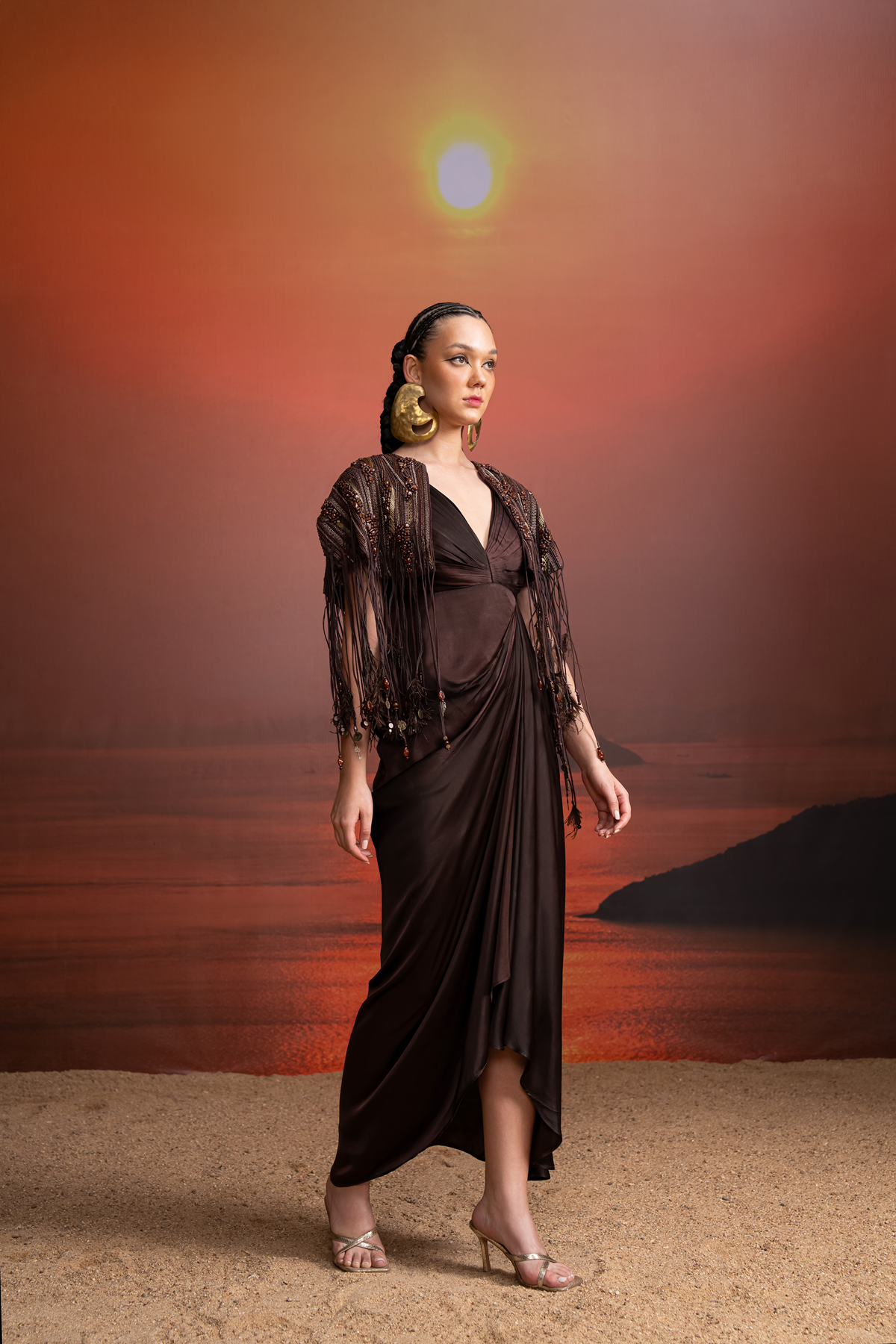 Elegant Brown Pleated Draped Dress with Cape - Perfect for Evening Parties, Weddings & Special Occasions