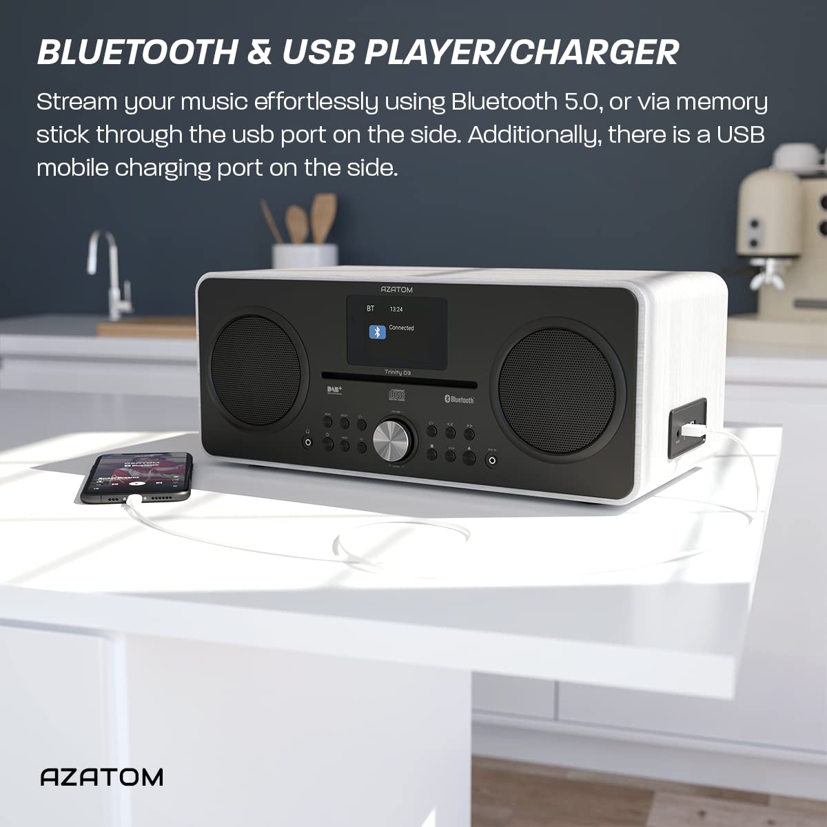 Premium DAB DAB+ Digital FM Radio with CD Player, Bluetooth Speaker System, USB Charger & MP3 Playback - High Quality Sound, Alarm, Equalizer & Remote Control (AZATOM Trinity White) - Perfect for Home, Office & Outdoor Entertainment