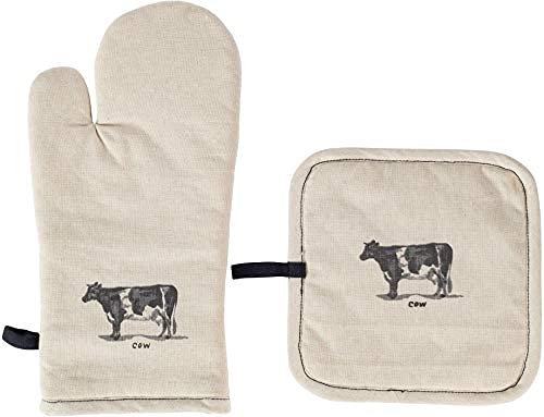 Farmhouse Cotton Linen Pot Holder Mitt Set - Black and White Cow Print Kitchen Decor | Heat Resistant Cooking Accessories for Farmhouse Style Kitchens