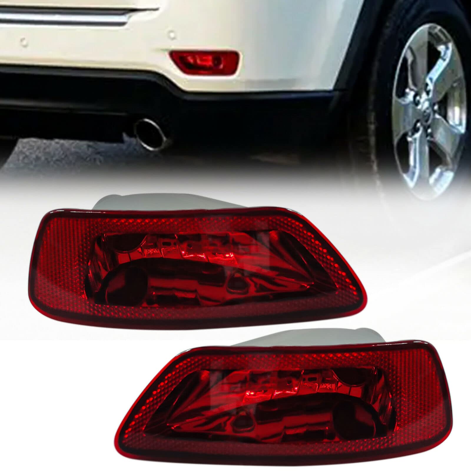LED Rear Bumper Fog Lights for Jeep Grand Cherokee WK2 (2011-2018, 2020) - Pair of Red Lens Tail Lights with Chrome Housing (Driver & Passenger Side) | Durable PP+PC Material | Enhanced Night Visibility & Style Upgrade