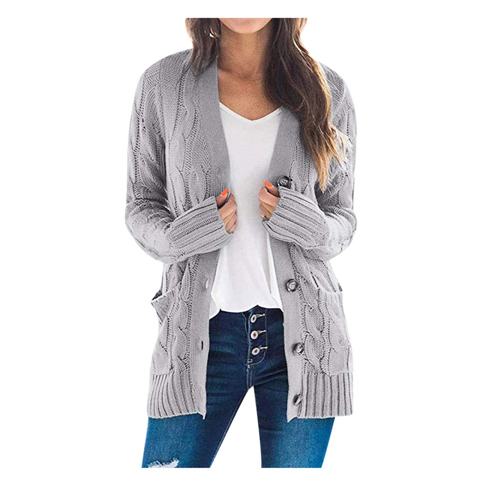 Women's Open Front Long Sleeve Cardigan with Patchwork Pockets - Boho Knit Sweater Coat for Casual Wear, Office & Fall Layering