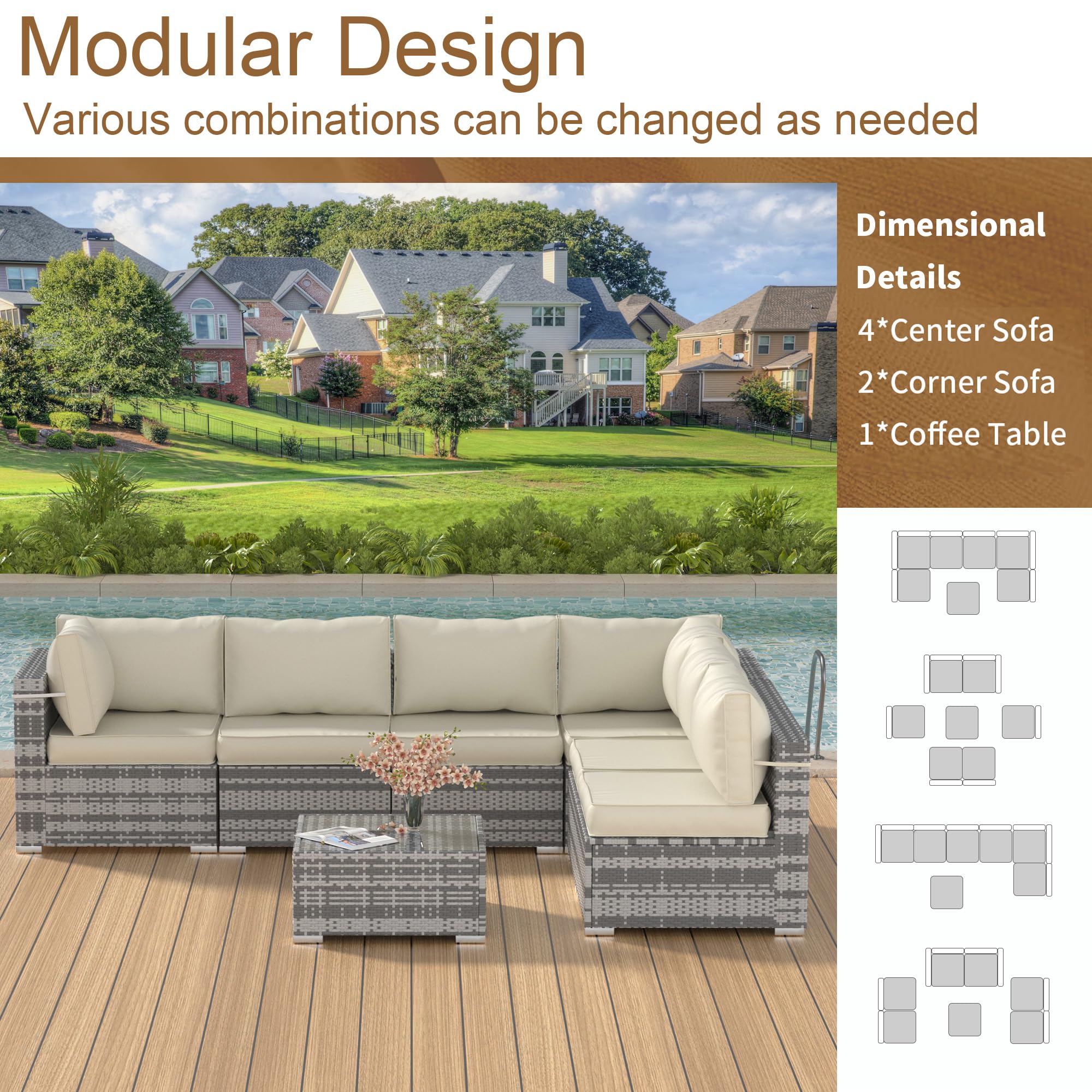 7-Piece Modular Outdoor Patio Furniture Set with Coffee Table - Waterproof Wicker Sectional Sofa Couch for Backyard, Balcony, Garden & Poolside Relaxation
