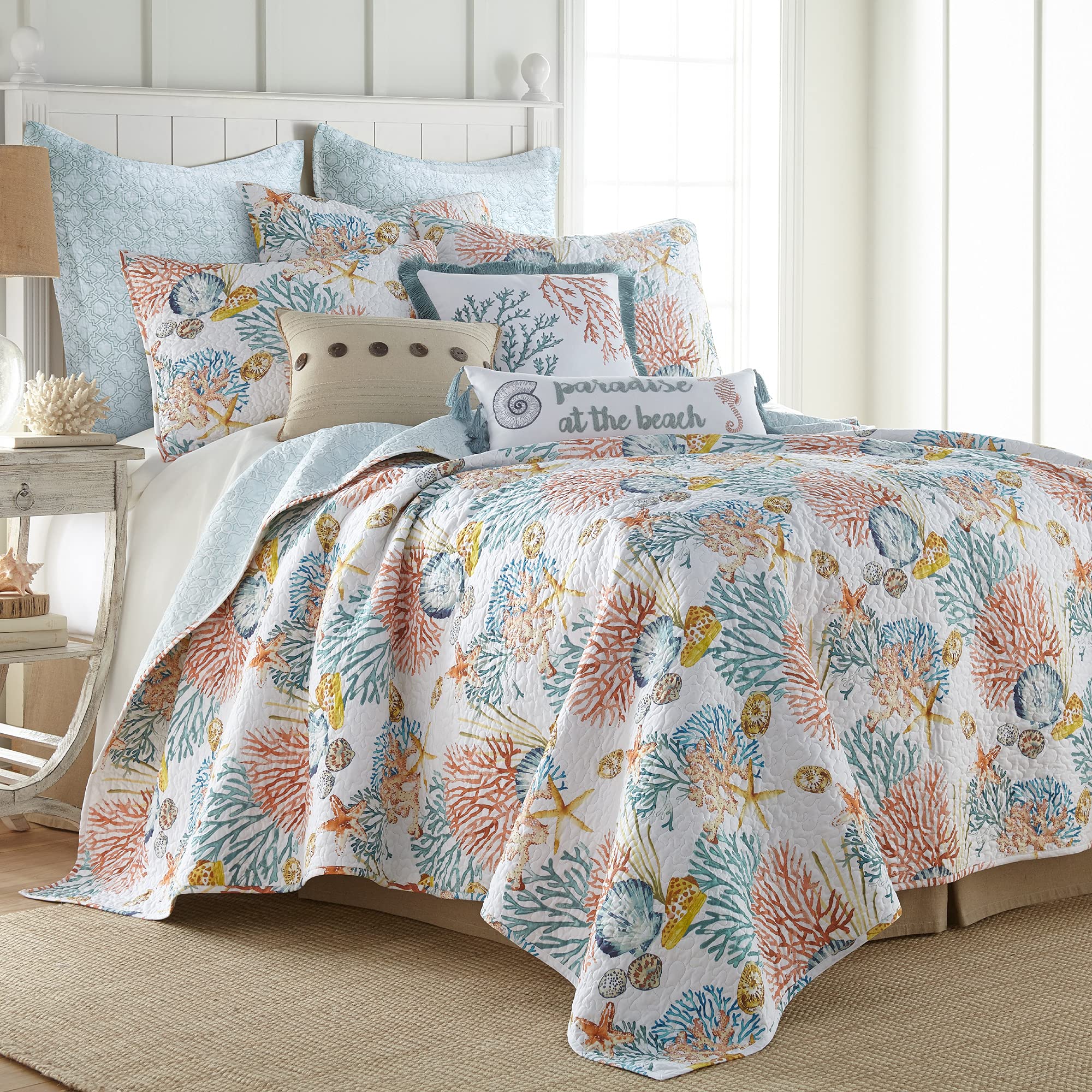 Levtex Home Bay Islands Reversible Quilt Set - Twin/Twin XL Size (68x86in) with 1 Standard Pillow Sham (26x20in) - Coral, Teal, Gold & Taupe Cotton Bedding - Perfect for Guest Rooms, Beach Houses & Coastal Decor
