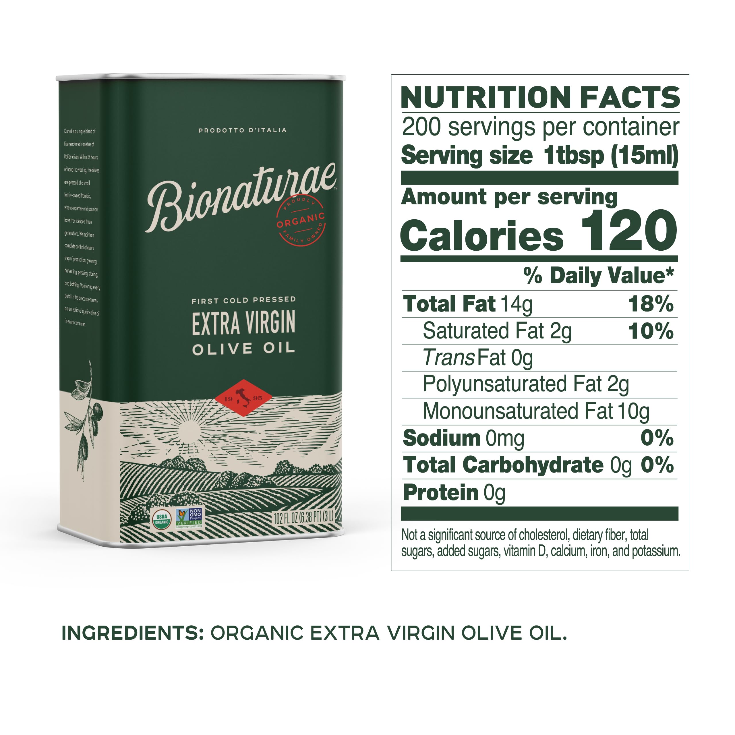 Bionaturae Extra Virgin Olive Oil - USDA Organic, Non-GMO, 100% Italian Cold-Pressed Olive Oil in Recyclable Glass Bottle (3L, 2-Pack) - Perfect for Cooking, Salad Dressing & Healthy Recipes