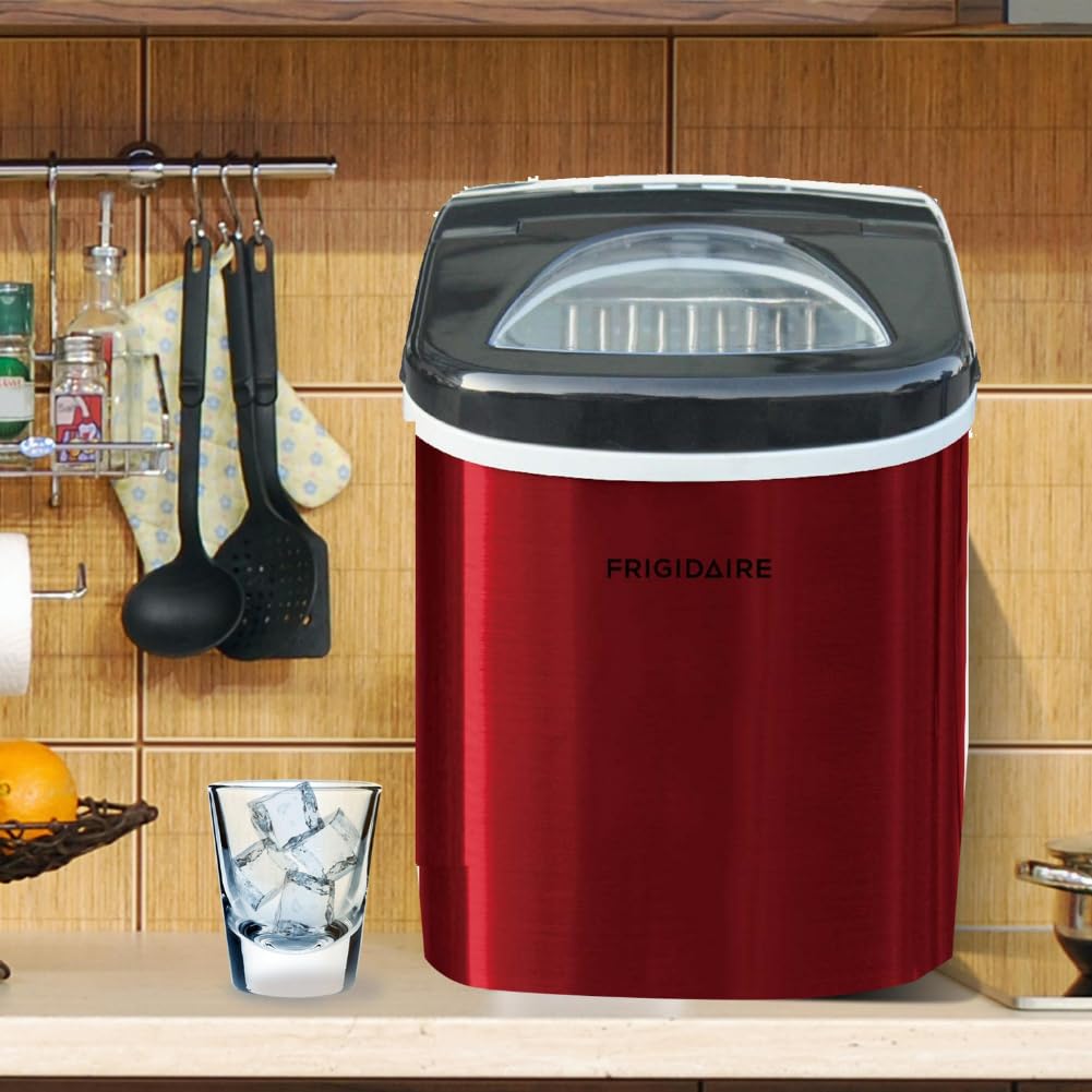 FRIGIDAIRE RIC117-SSRED Stainless Steel Countertop Ice Maker - Medium Red - Fast Ice Production for Home, Office, and Parties
