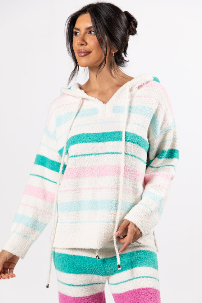 Heart On The Line Multi-Striped Fuzzy Hoodie for Women - Cozy Winter Pullover Sweatshirt | Perfect for Casual Outfits, Lounge Wear & Cold Weather Fashion