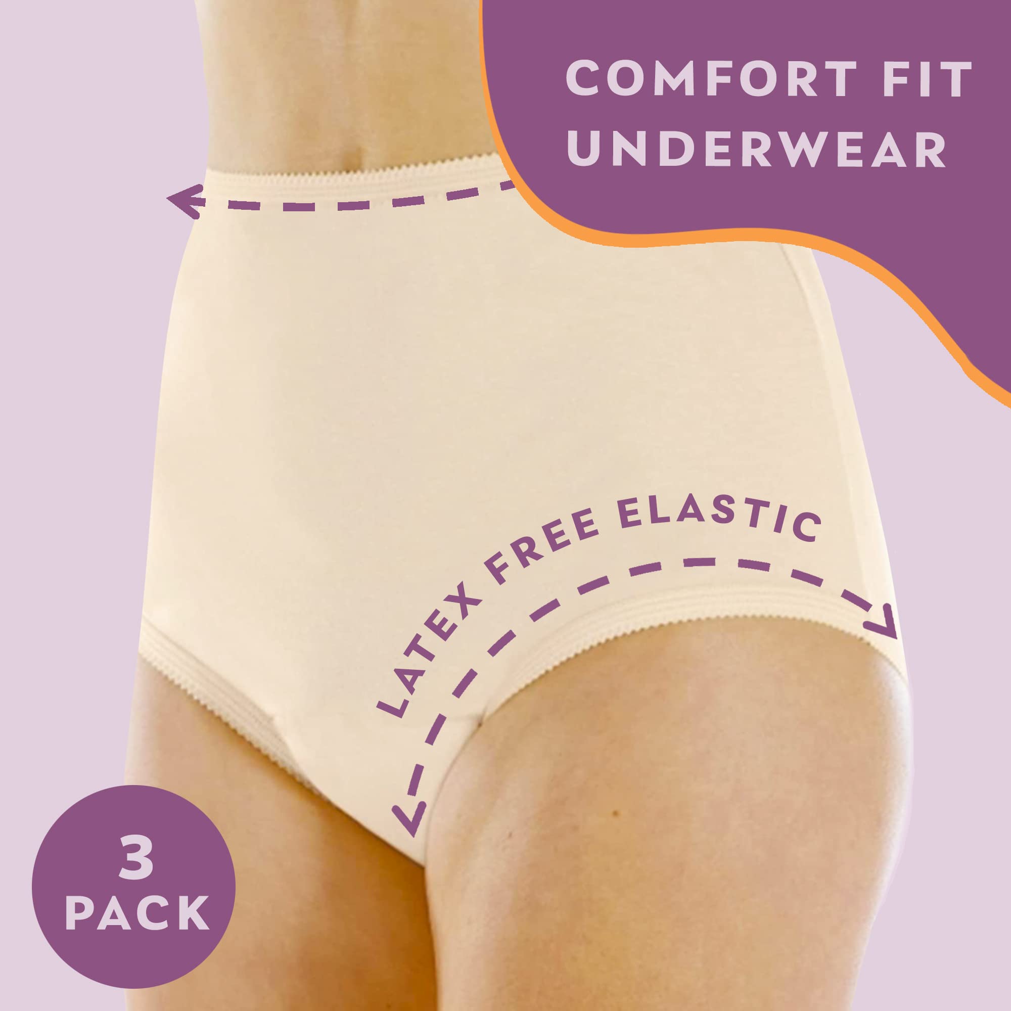 Wearever Women's Cotton Comfort Incontinence Panties - Reusable & Washable Leak Proof Underwear for Bladder Control, Regular Absorbency (Pack of 3, Beige, Size S, Fits Hip 35-37