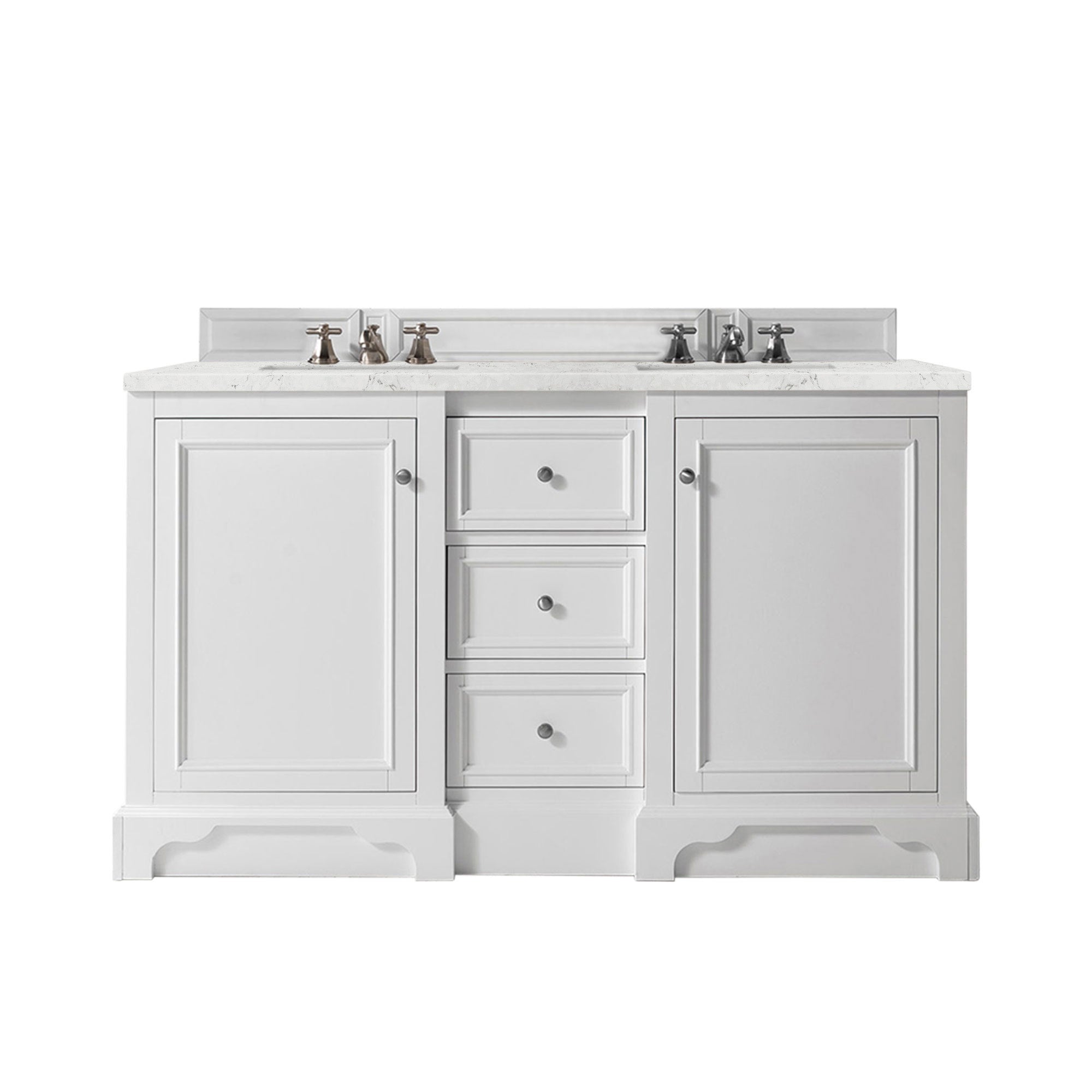 De Soto 60 Inch Double Bathroom Vanity with 3CM Eternal Jasmine Pearl Quartz Top in Bright White - Perfect for Master Bathroom or Guest Bathroom Renovation