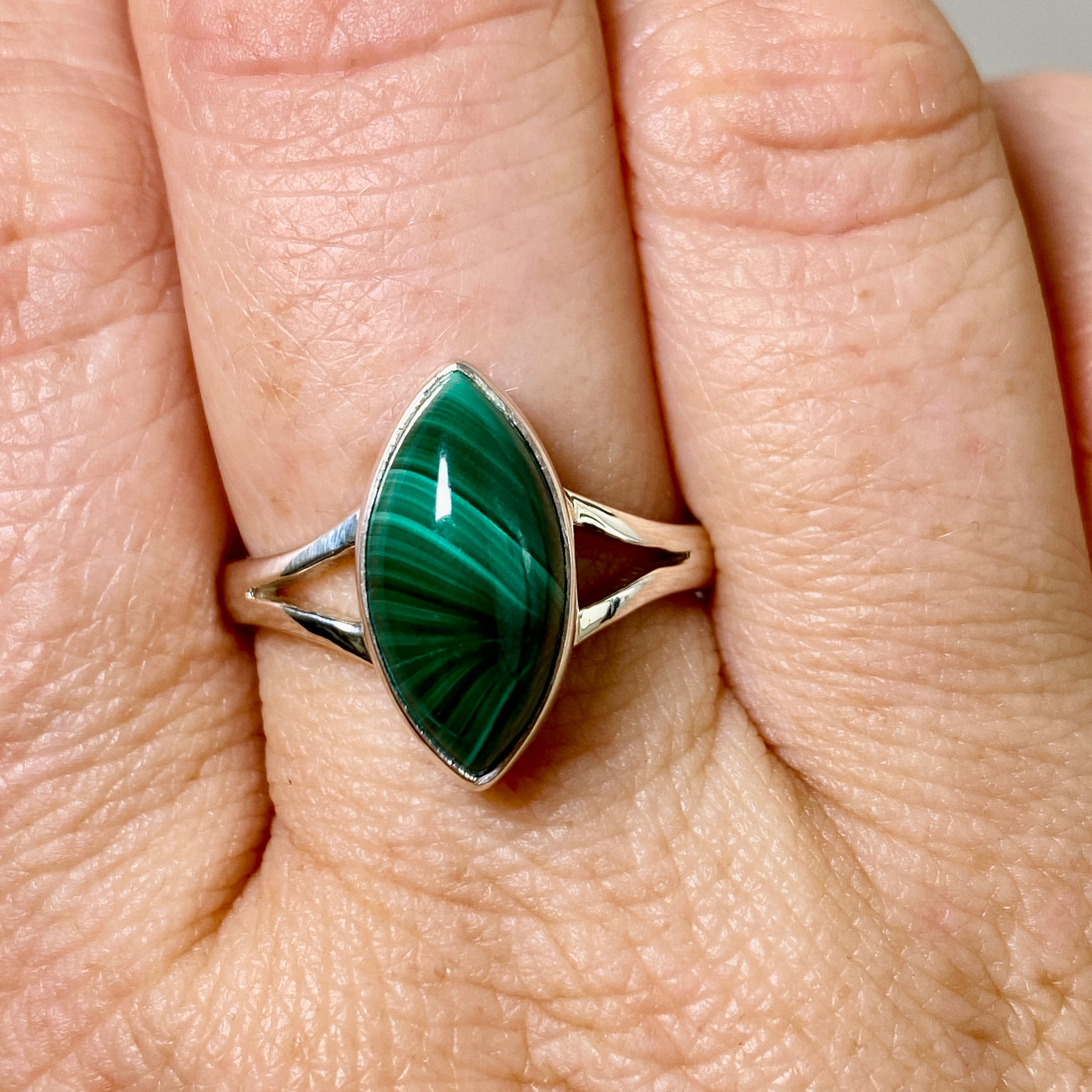 Natural Malachite Marquise Cabochon Split Band Ring - Size 9 - KRGJ3370 - Elegant Green Stone Jewelry for Women, Perfect for Weddings, Parties & Special Occasions