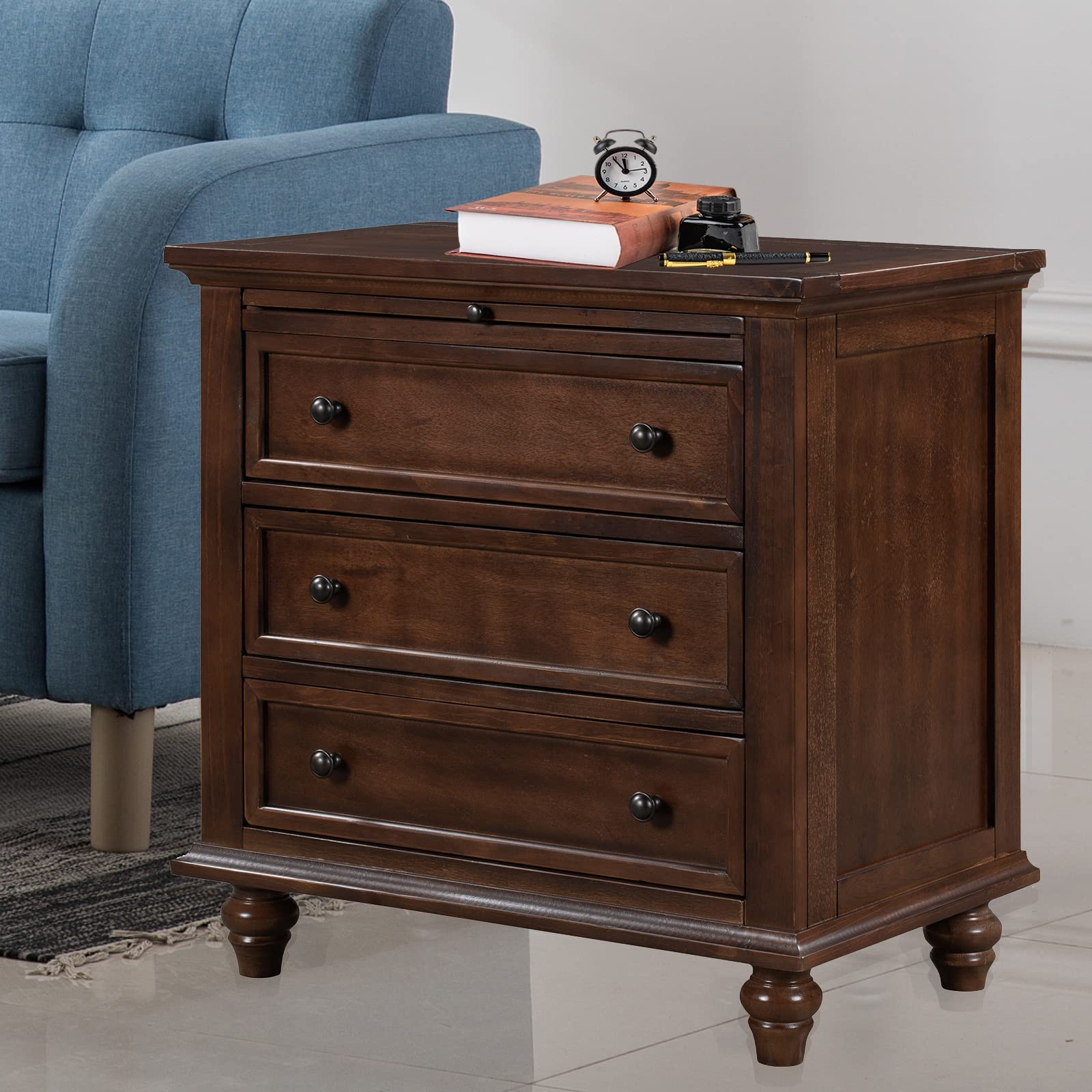 Henf 3-Drawer Wood Storage Cabinet - Nightstand with Pull-Out Tray, Bedside Table & End Table for Bedroom & Living Room - Fully Assembled Brown Furniture (Perfect for Small Spaces, Dorm Rooms & Apartment Decor)