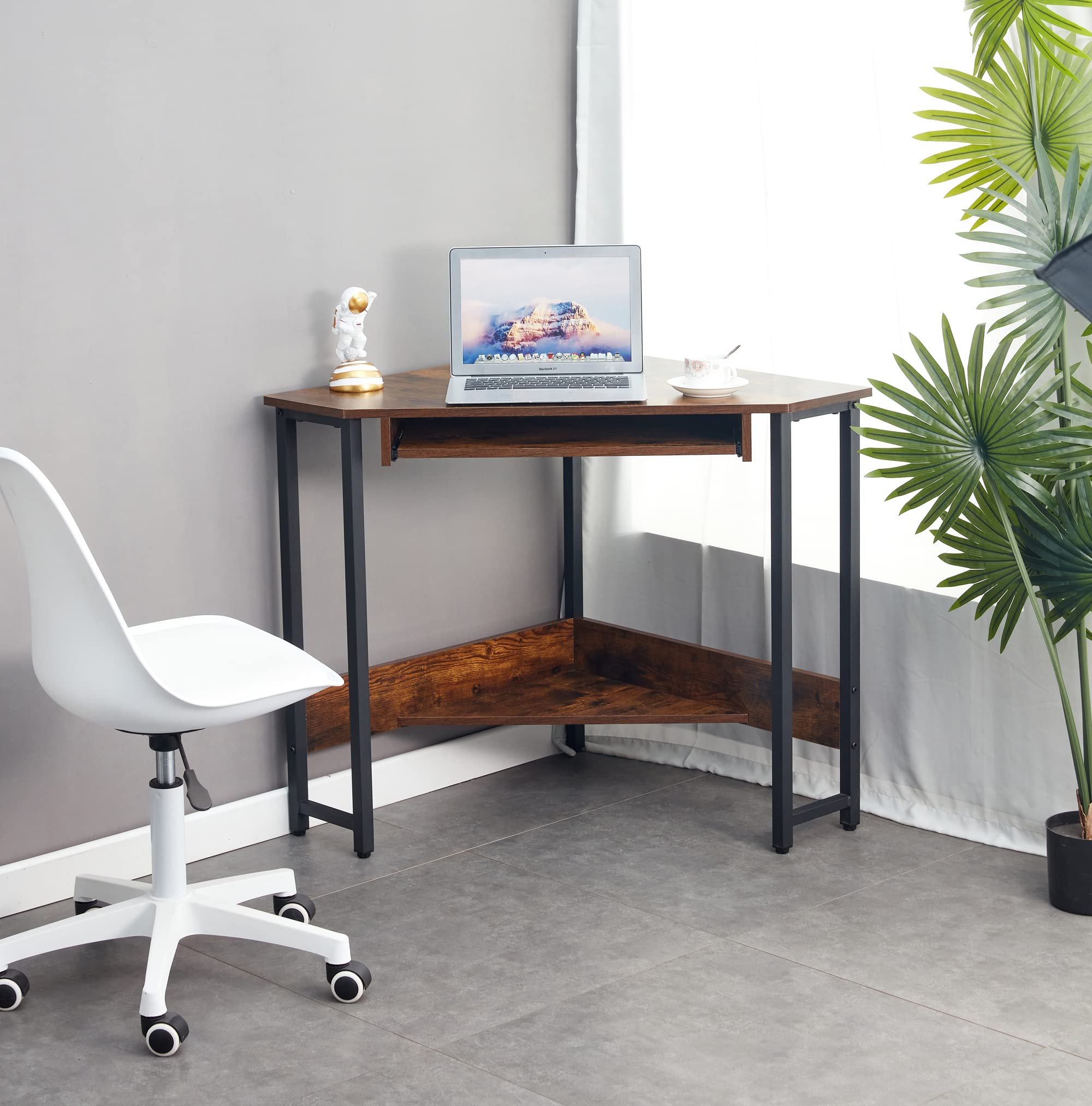 Mancofy Triangle Corner Computer Desk with Smooth Keyboard Tray & Storage Shelves | Sturdy Steel Frame Small Workstation | Compact Home Office Desk for Small Spaces (Brown) | Perfect for Home Office, Study Room, or Dormitory Workspace