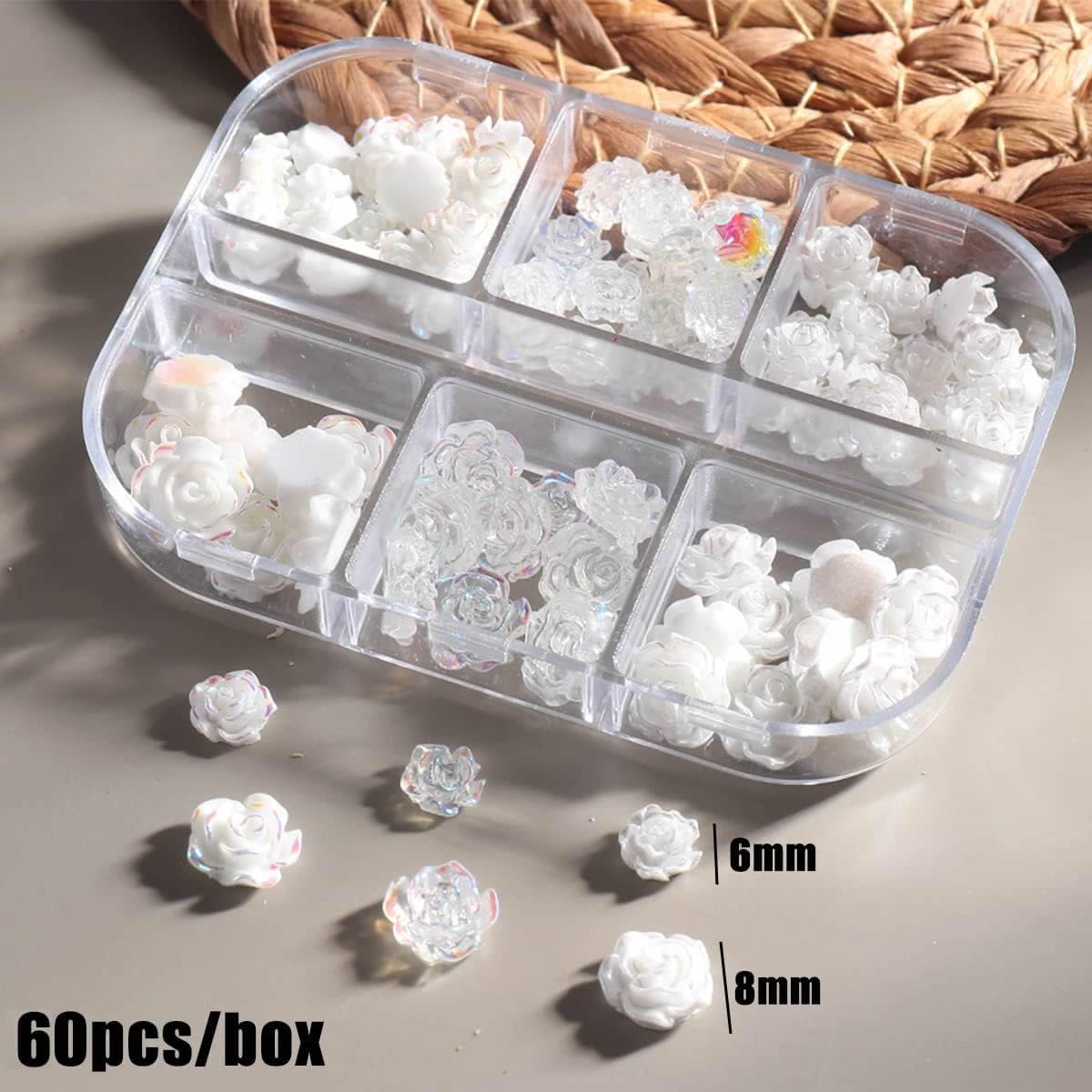 Gleevia 60Pcs 3D White Acrylic Rose & Aurora Camellia Nail Charms - DIY Nail Art Jewelry, Rhinestone Decorations for Manicure, Bridal, Party & Salon Nail Designs