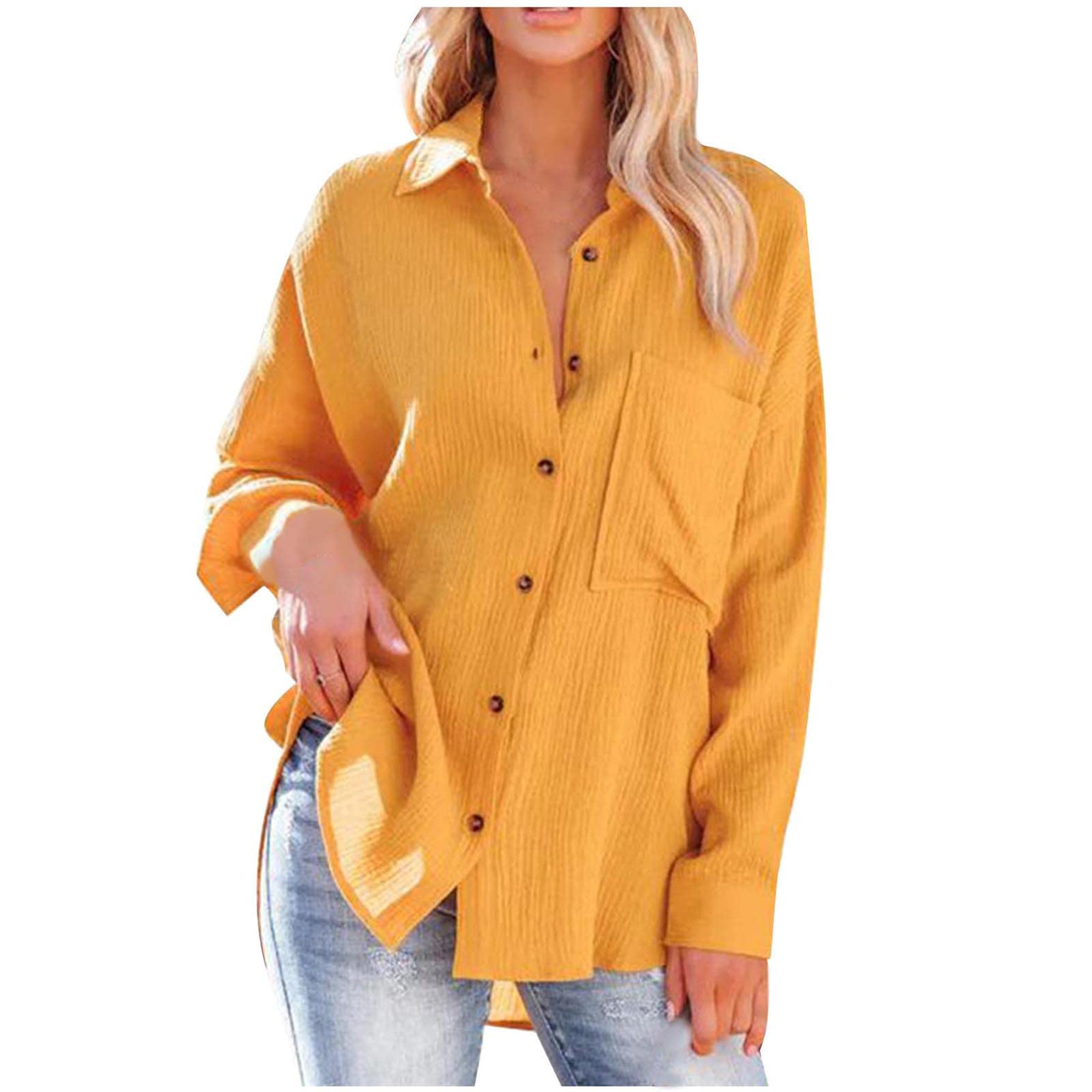 Women's Casual Button Down Long Sleeve Shirt - V Neck, Roll Up Cuffed Sleeve, Drop Shoulder Work Blouse, Oversized Tops | Perfect for Office, Business Casual, and Everyday Wear