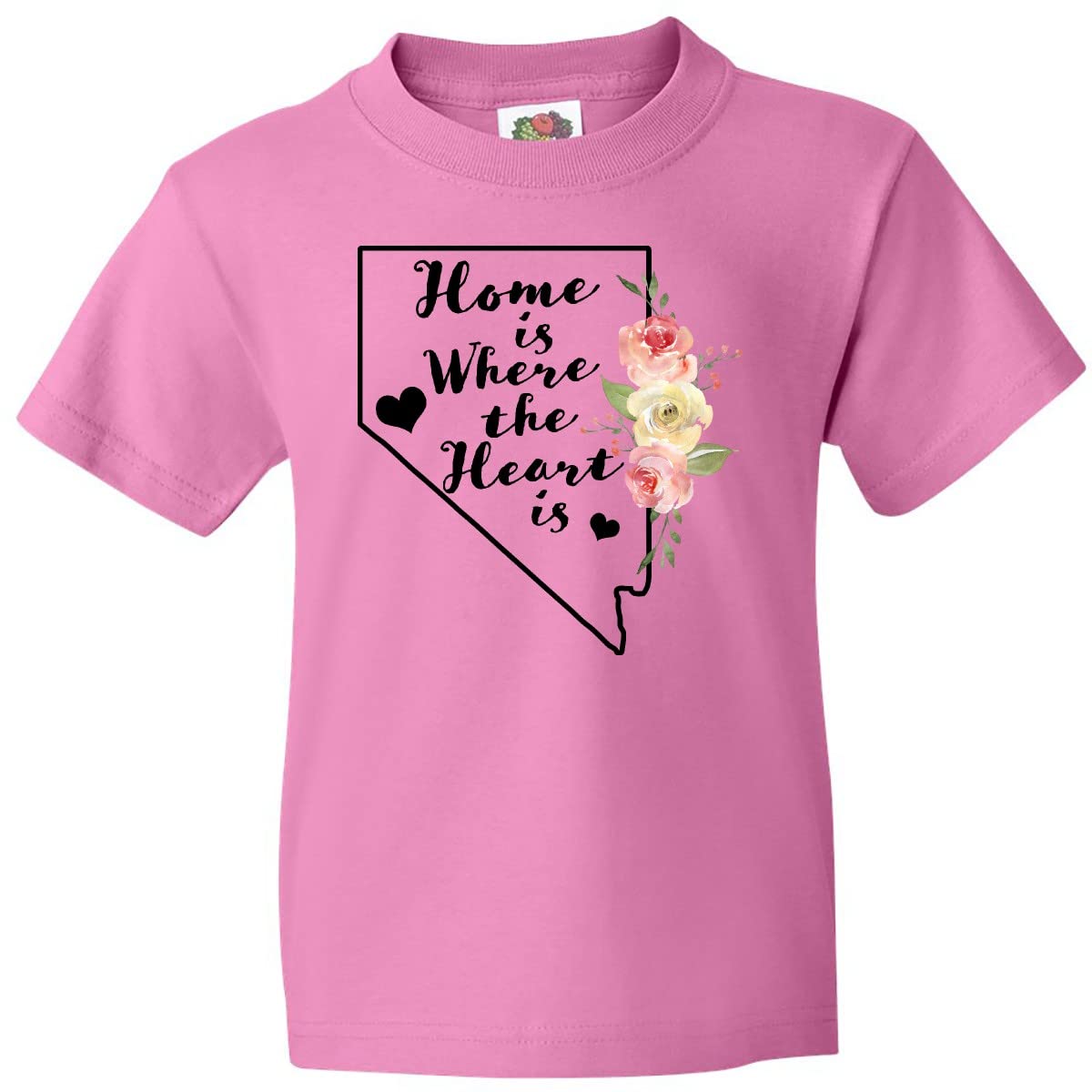 Inktastic Nevada Home is Where The Heart is with Watercolor Floral Youth T-Shirt | Cute Graphic Tee for Girls | Comfortable Cotton Shirt for School, Playdates & Family Outings