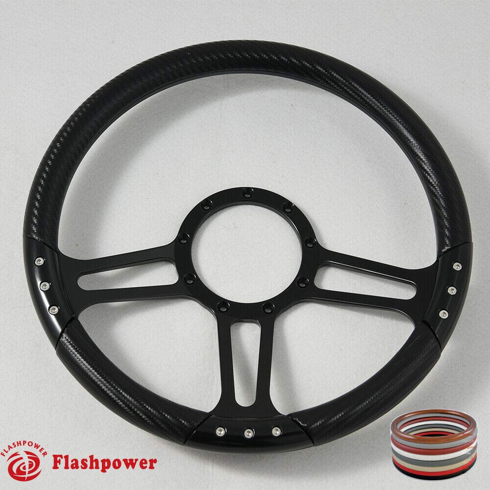 Flashpower 14'' Billet Aluminum Half Wrap Steering Wheel - 9 Bolt Pattern with 2'' Dish & Horn Button (Carbon Vinyl) - Perfect for Off-Road Trucks, Jeeps & Classic Car Upgrades