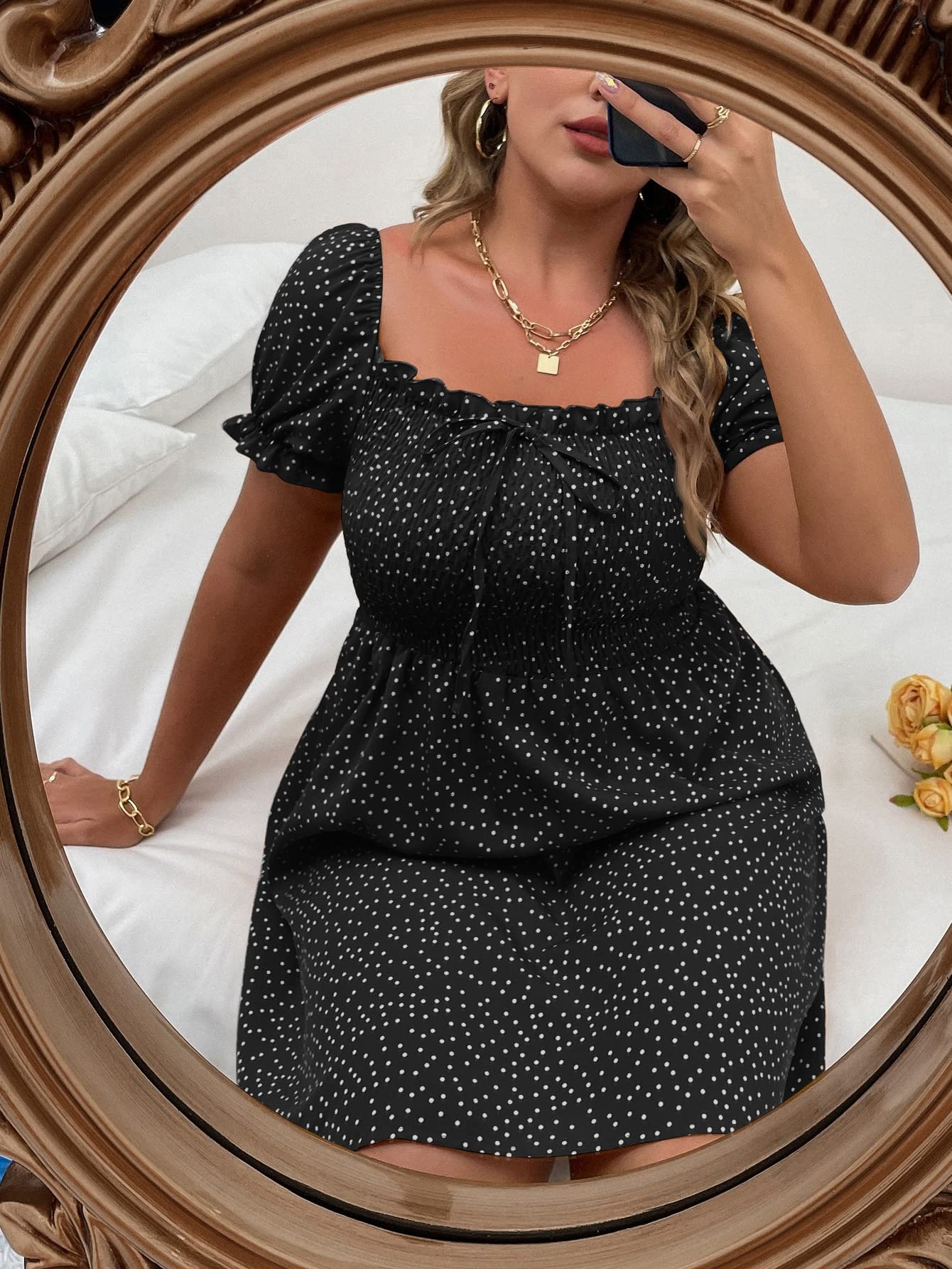 Women's Plus Size Shirred Bodice Polka Dot A-Line Dress - High Waist, Square Neck, Flared Hem - Black 5X-Large | Summer Casual Wear, Beach Cover Up, Party Outfit, Date Night Dress