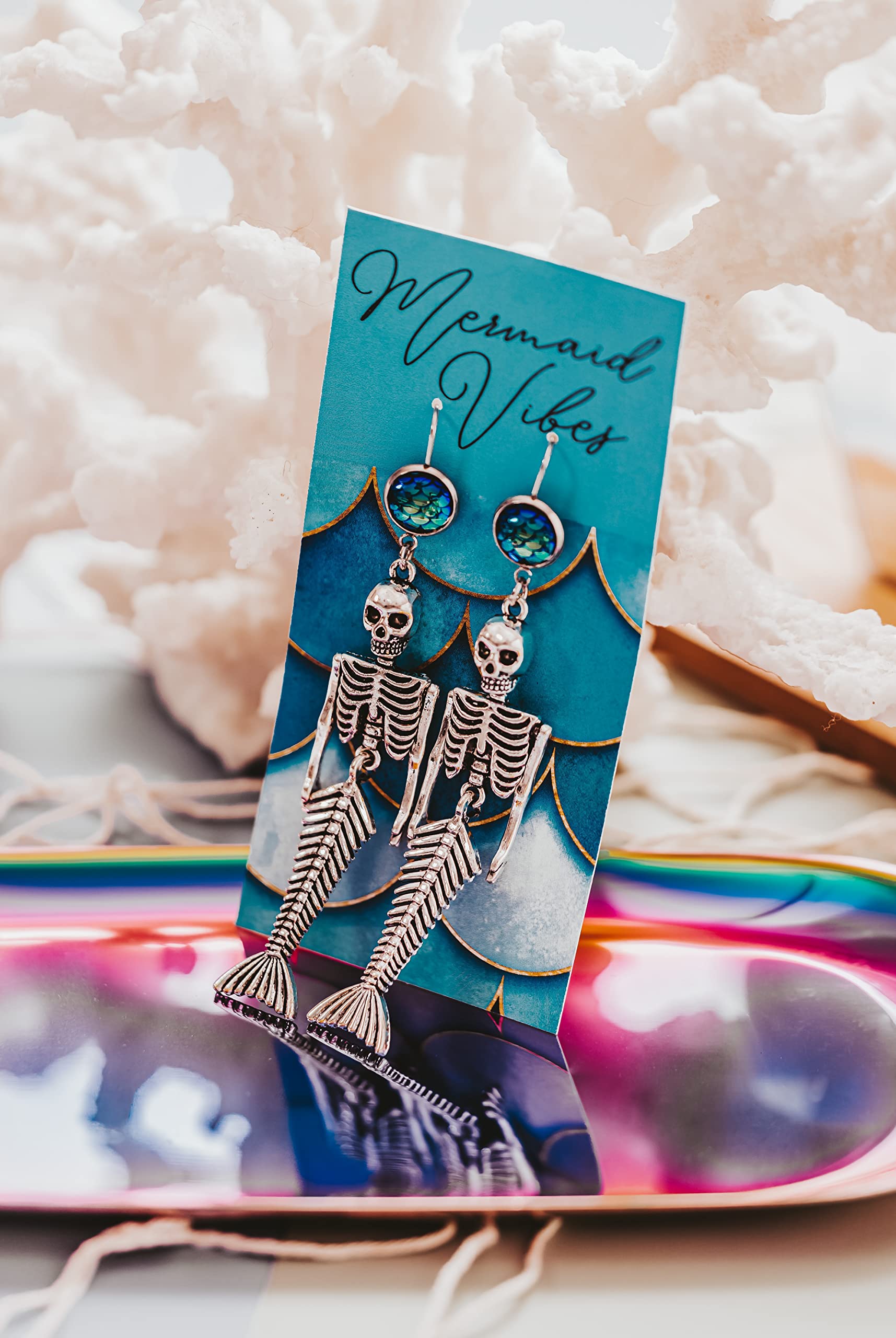Mermaid Skeleton Dangle Earrings with Scales - Unique Summer & Halloween Jewelry for Women - Perfect for Costume Parties, Beach Vacations, and Gothic Fashion