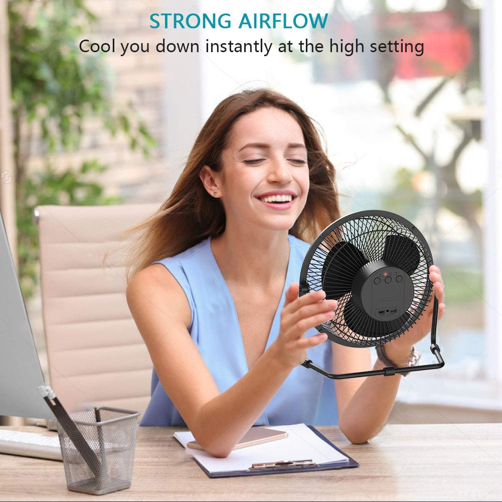 9 Inch Rechargeable Battery Operated Desk Fan with Timer - 4 Speed Settings & Upgraded Strong Airflow - Portable Table Fan for Home, Office, Camping & Outdoor Activities