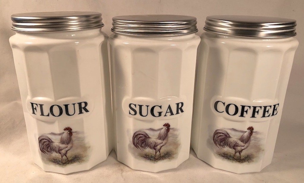 Set of 3 Vintage Depression Style Milk Glass Canisters - White Leghorn Pattern for Coffee, Flour & Sugar Storage | Kitchen Countertop & Pantry Organization