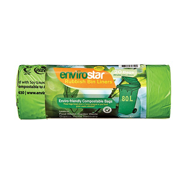 Envirostar 80L Compostable Trash Bags - 43 Micron Thick Biodegradable Garbage Bags for Kitchen, Yard Waste & Eco-Friendly Home Use
