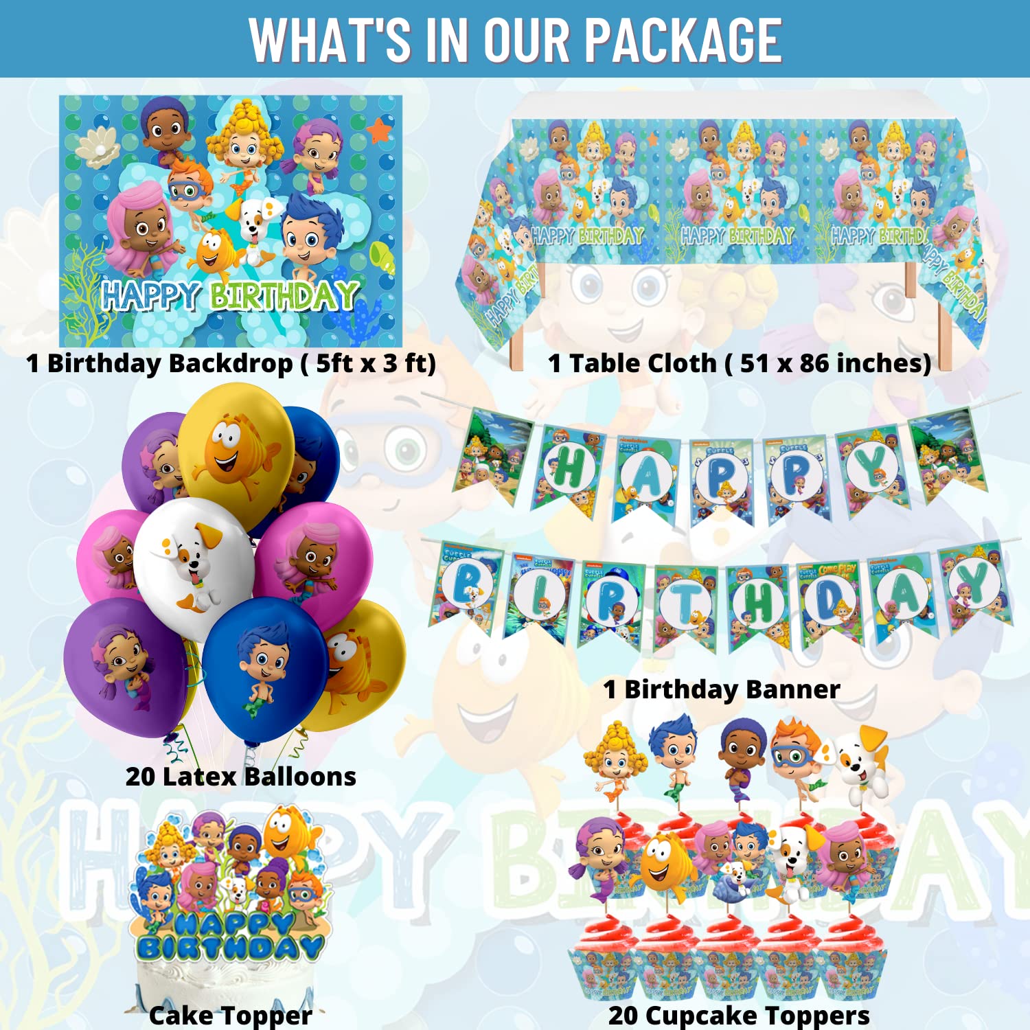 Nelton Bubble Birthday Party Kit - Backdrop, Banner, Cake Topper & Decorations for Kids Party