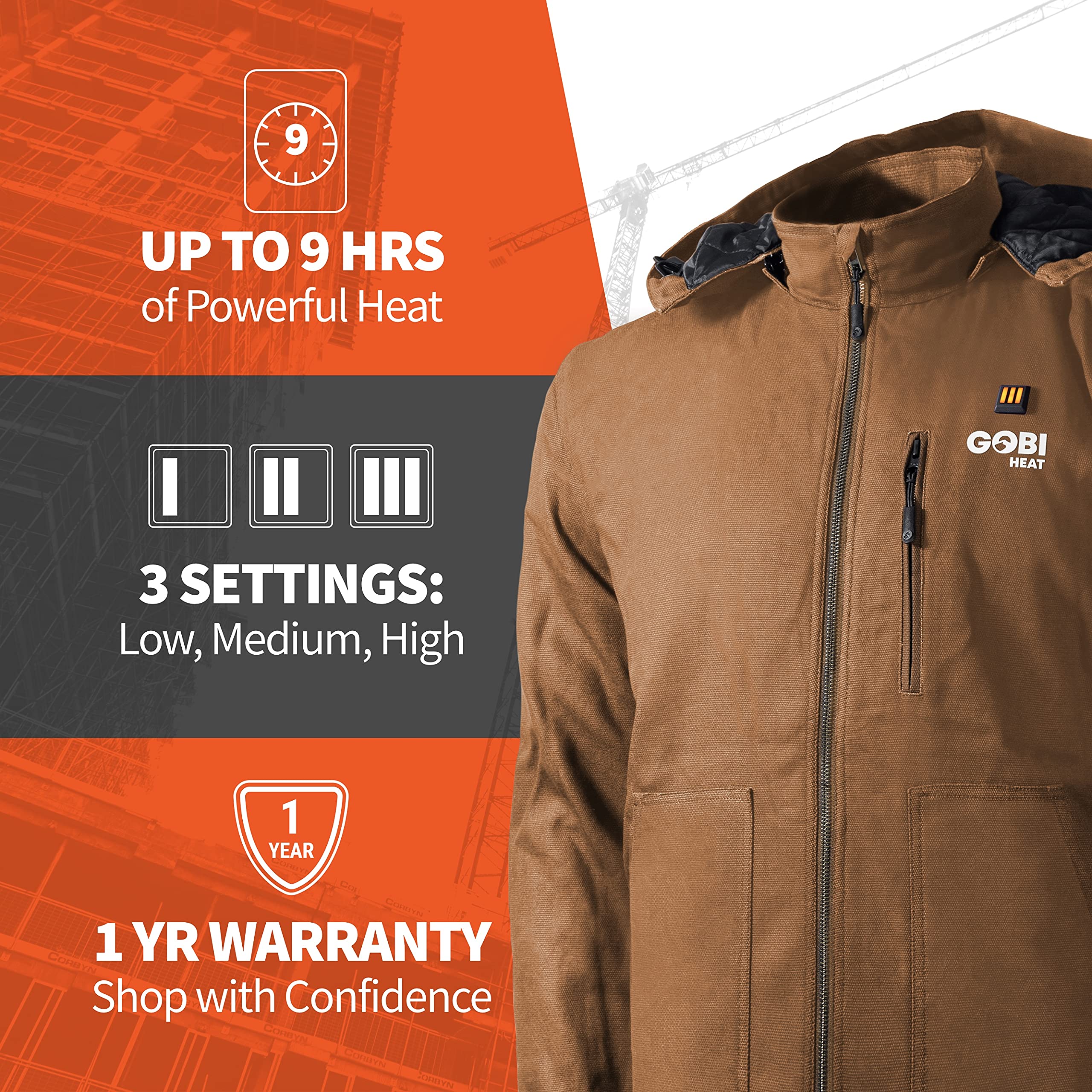 Grit Men's Heated Work Jacket with 9-Hour Battery Life - 3 Adjustable Heat Settings (Includes Battery & Charging Cable) | Winter Outdoor Work, Construction, Hunting & Cold Weather Activities