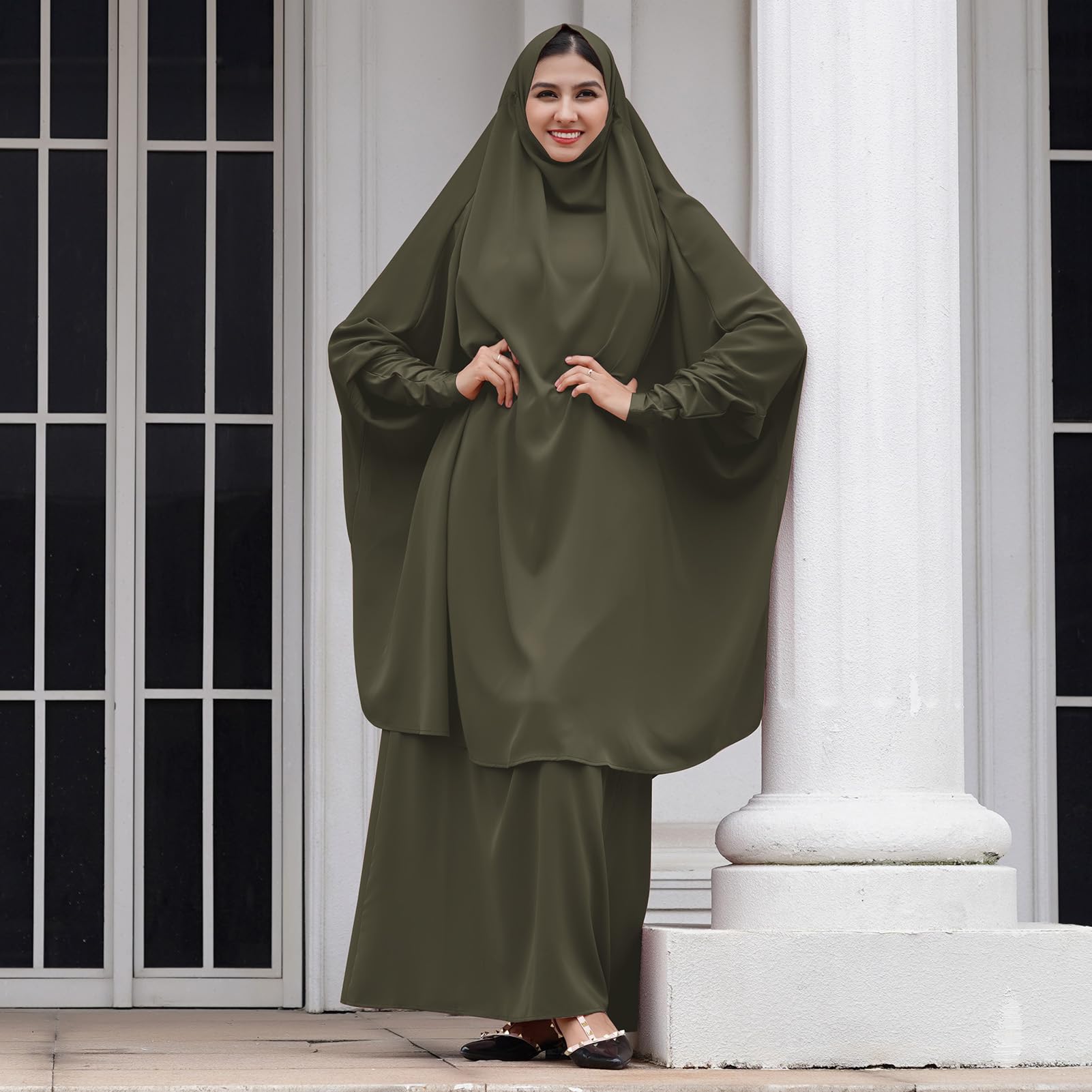 Islamic Modest Prayer Dress for Women - Full Cover Long Khimar Skirt & Hijab Abaya Set | 2-Piece Muslim Kaftan with Niqab | Long Sleeve Middle Eastern Dubai Style | Perfect for Prayer, Mosque & Special Occasions | Army Green
