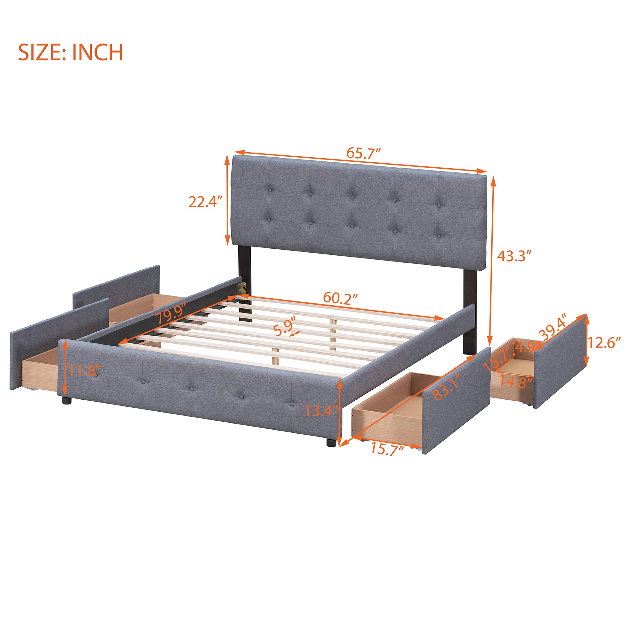 Queen Upholstered Platform Bed Frame with Storage & Headboard - Dark Grey for Modern Bedrooms