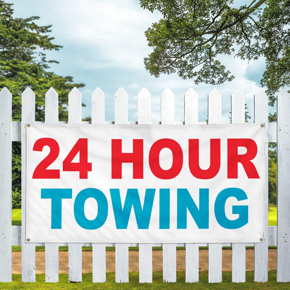 24-Hour Towing Vinyl Banner - Weatherproof Outdoor Business Sign (60x144 Inches) with 10 Grommets - Heavy Duty Yard Sign for Industrial Use, Car Dealerships & Emergency Services