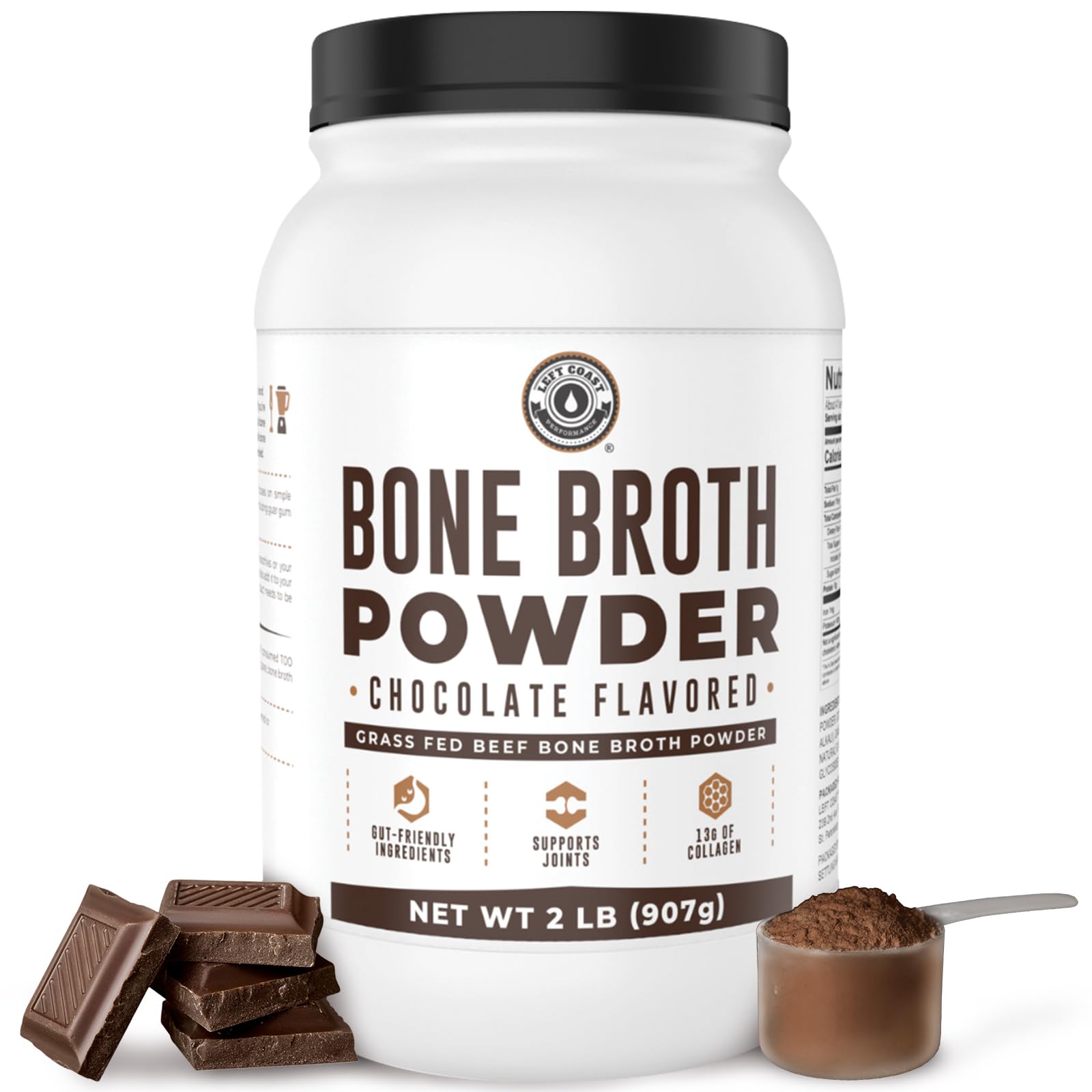 Grass-Fed Bone Broth Protein Powder with Collagen Types I & III - Chocolate Flavor, 2lbs (42 Servings, 16g Protein, 13g Collagen) | Low Carb, Keto-Friendly, Dairy-Free Supplement (2g Net Carbs) - Perfect for Post-Workout Recovery, Gut Health & Keto Diet Support