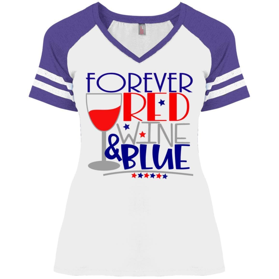Forever Red Wine & Blue Ladies' Game V-Neck T-Shirt - Patriotic Women's Casual Tee for 4th of July, BBQ Parties & Girls Night Out
